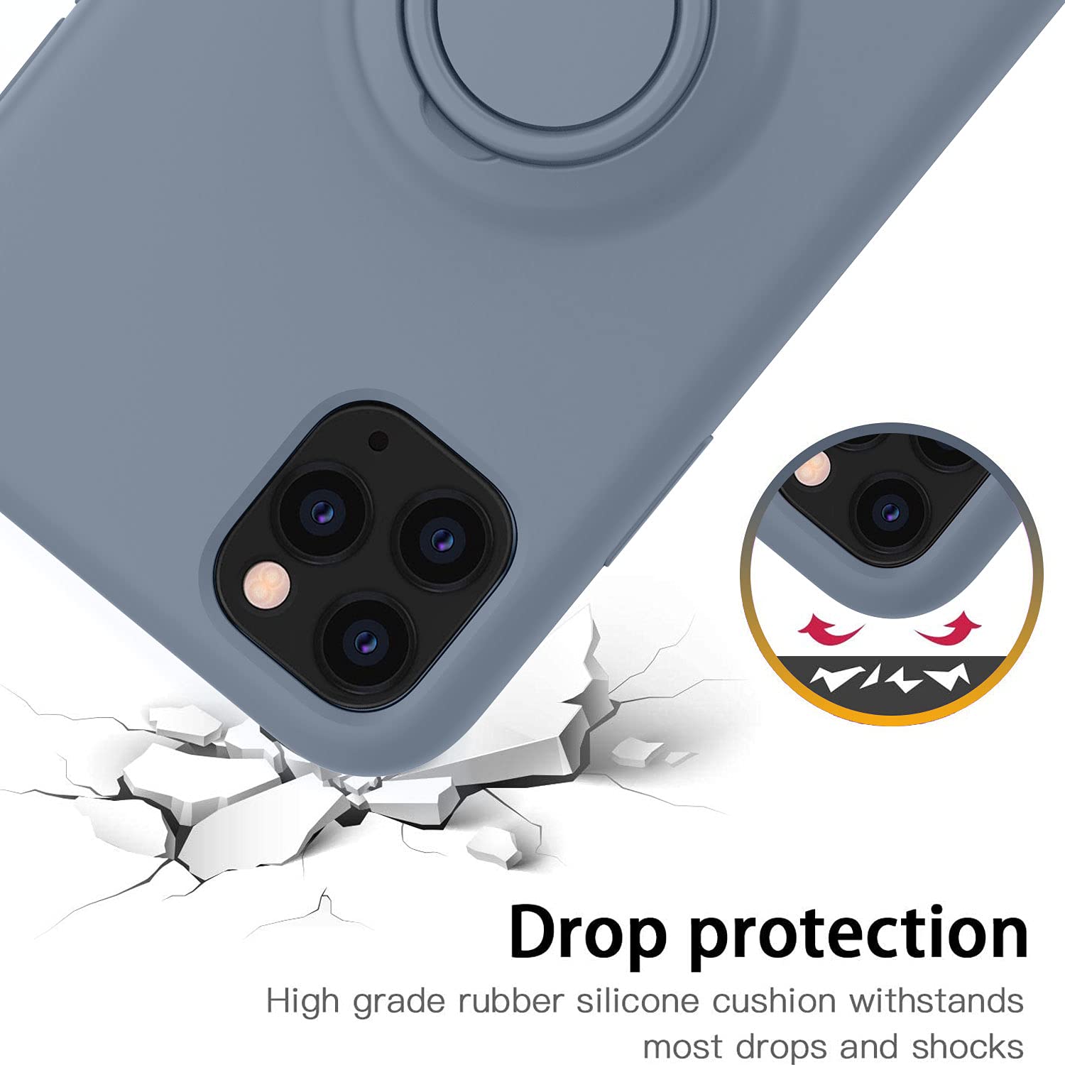 Thomo Liquid Silicone iPhone 11 Pro Max Case with Ring Holder & Kickstand - Anti-Scratch Microfiber Lining, Full Body Protective Cover (Lavender Grey) - Perfect for Work, Travel, and Everyday Use