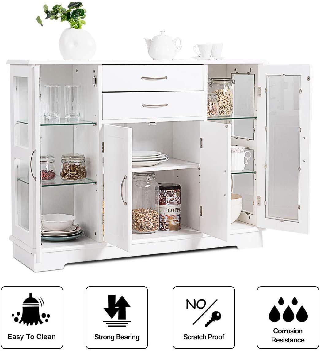 Moccha White Sideboard Buffet Cabinet with Adjustable Shelves & 2 Drawers - Kitchen Storage Cupboard with Glass Door for Dining Room, Living Room, Hallway - Perfect for Entertaining Guests & Organizing Dishes