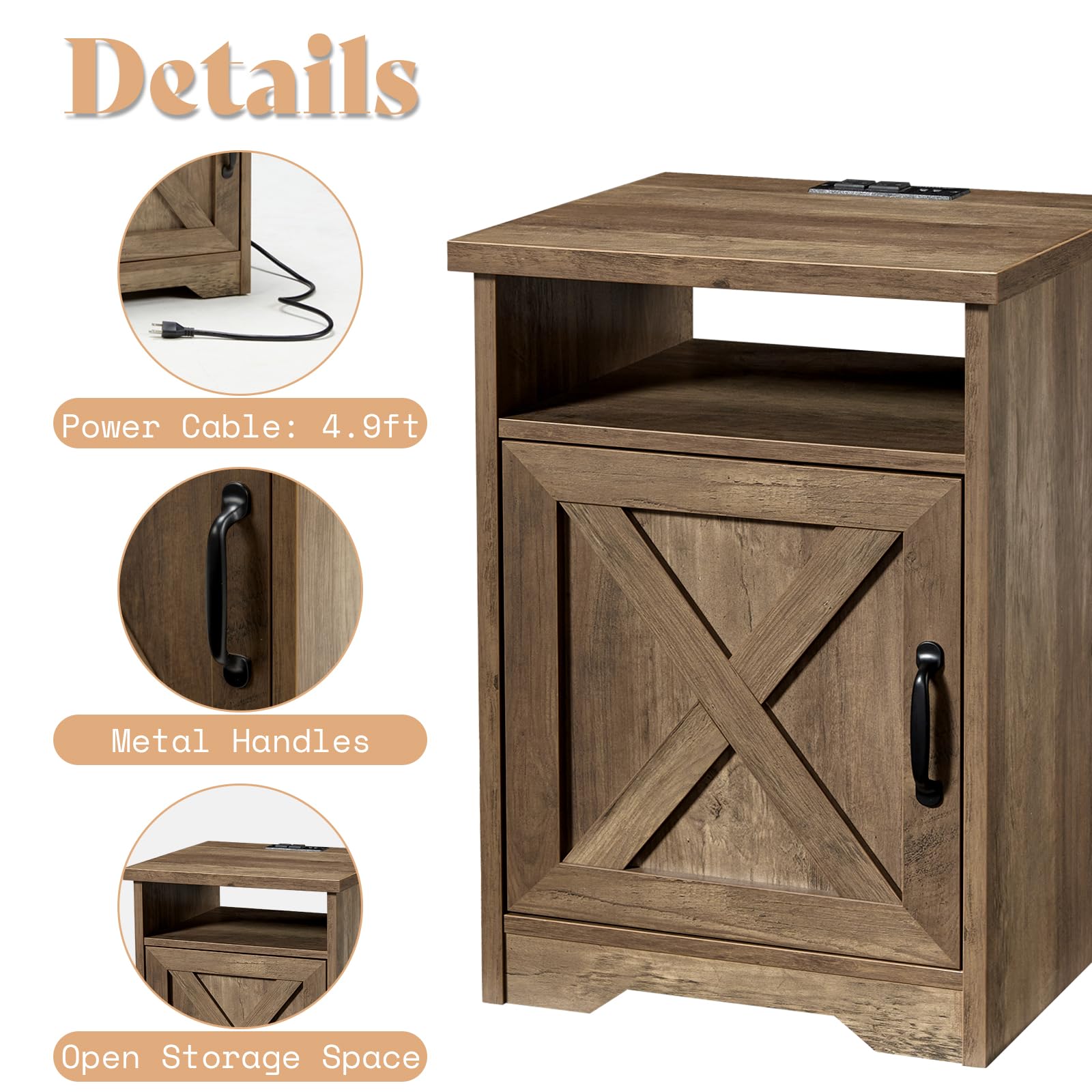 Farmhouse Coffee Table Set with 2 End Tables & USB Charging Station - Rustic Barnwood Living Room Furniture for Home Decor & Entertainment Areas