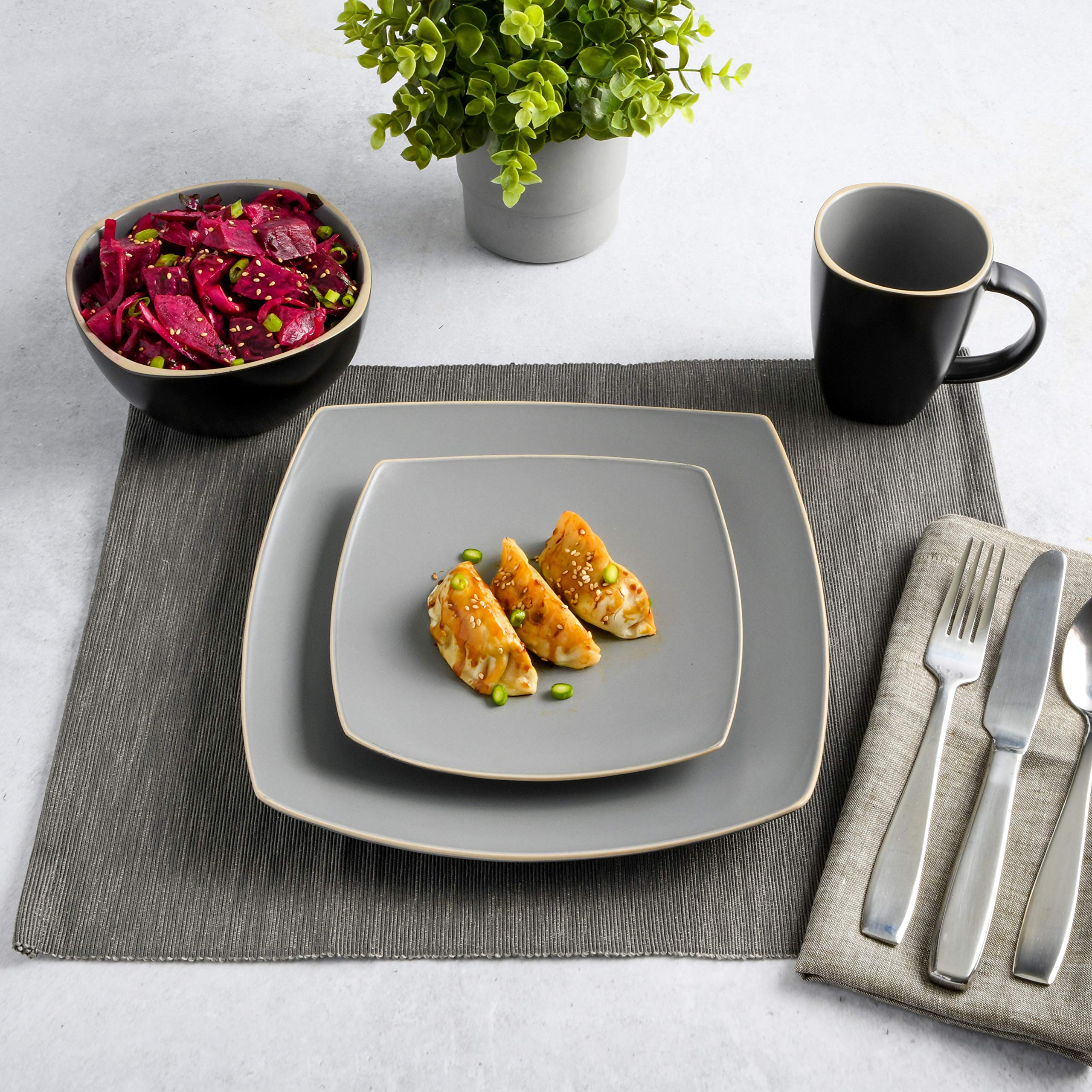 Premium Gibson Elite Soho Lounge 16-Piece Dinnerware Set for 4 - Matte Gray Stoneware Plates, Bowls & Mugs - Elegant Modern Tableware for Dining, Entertaining & Everyday Use