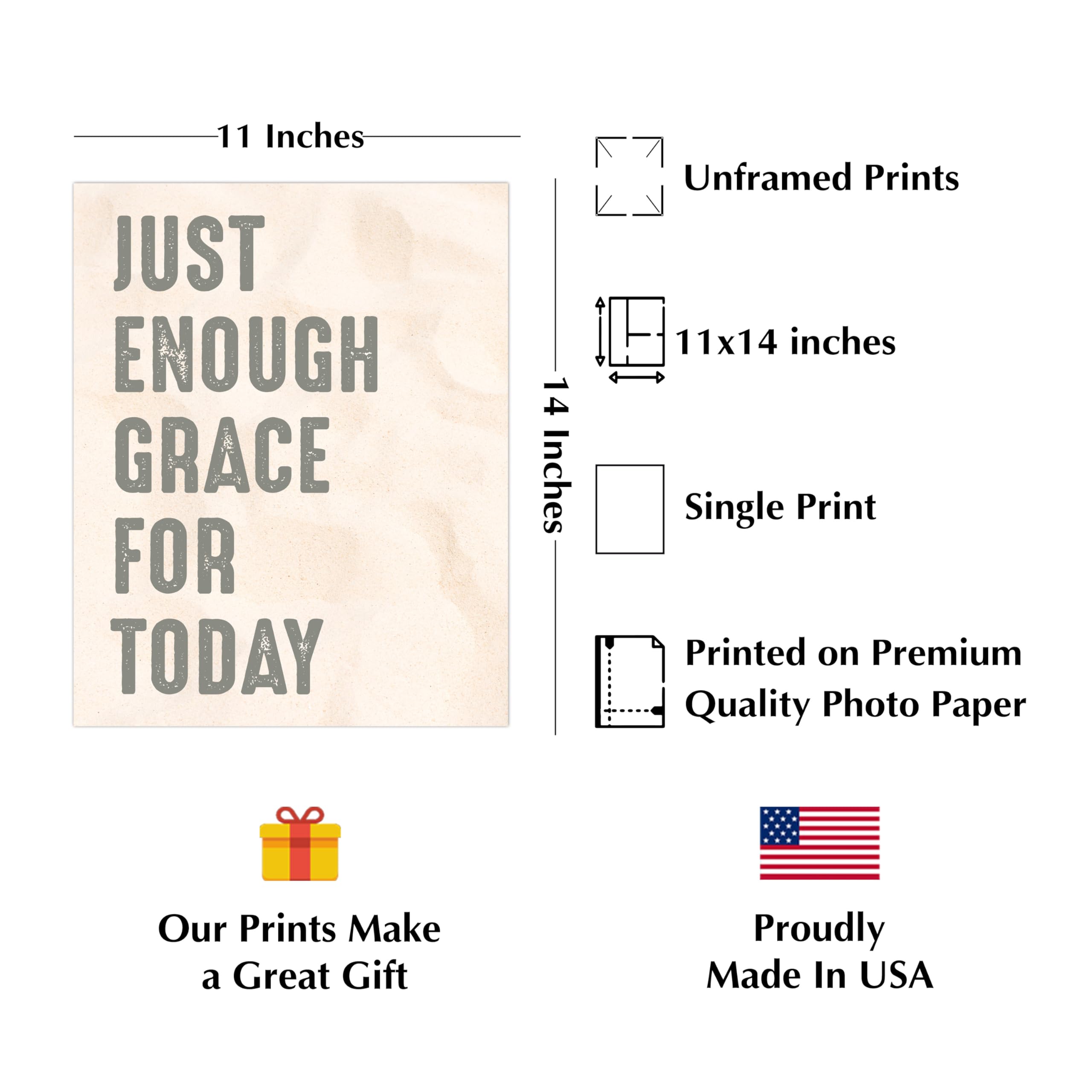 Inspirational Christian Wall Art Print - Just Enough Grace for Today, Modern Typographic Design, Motivational Quote Decor for Office, Home & Church - Unframed 11x14