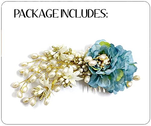 Artificial Peony Flower Hair Comb with Pearls - Elegant Hair Slide & Bun Accessory for Women & Girls (Blue) | Perfect for Weddings, Prom & Special Occasions