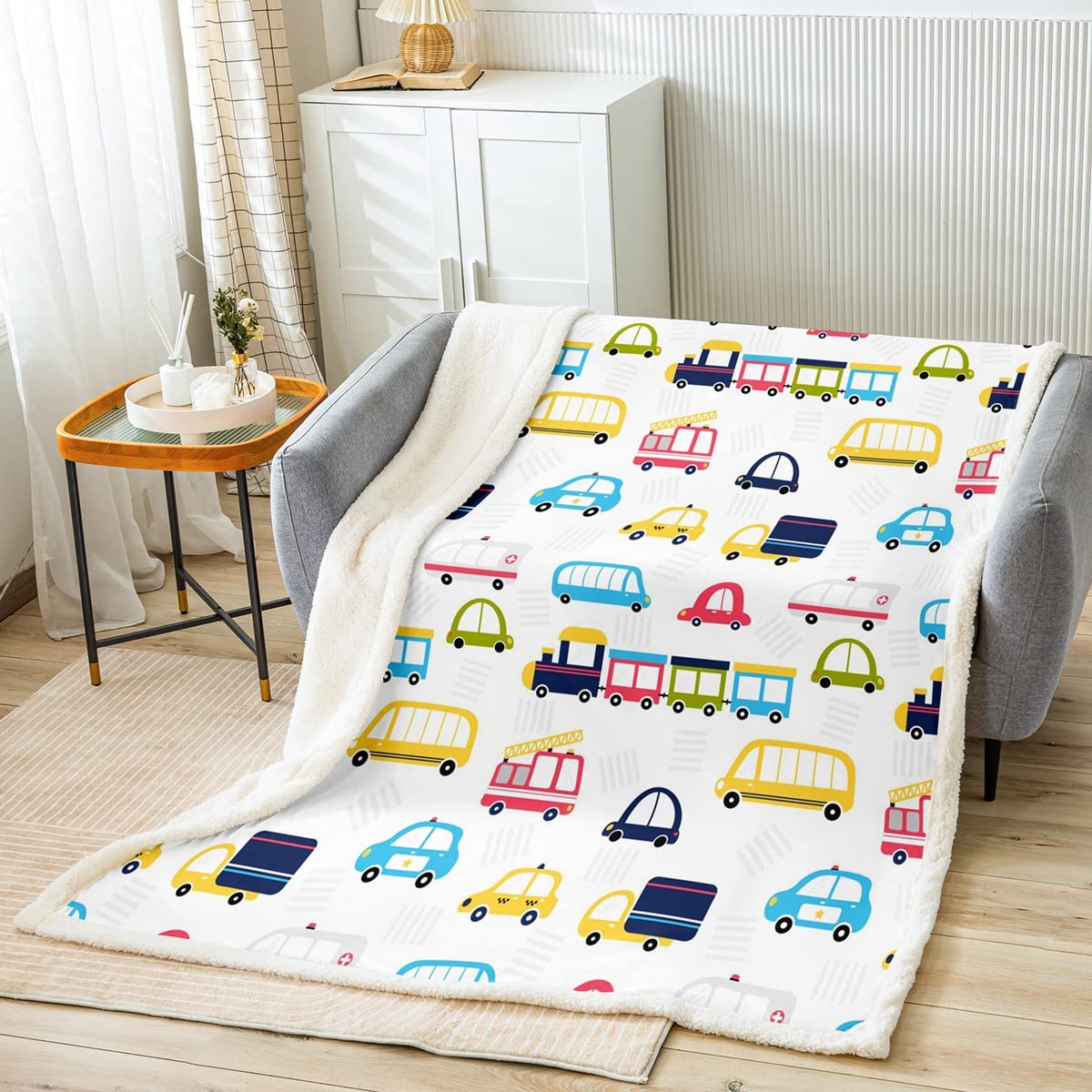 90x90 Inch Colorful Toy Car Fleece Blanket - Kids Cartoon Multicolor Vehicles Plush Throw Blanket for Boys Bedroom Decor (Bus, Police Car, Rainbow Sketch) - Perfect for Bedtime, Sofa Lounging & Nursery Decor