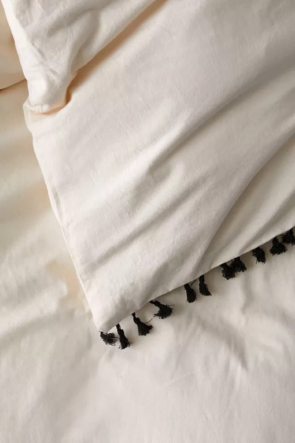 Bohemian Cream Washed Cotton Duvet Cover with Fringe Tassels - Queen Size Boho Bedding for Cozy Bedroom Decor & Guest Room Styling