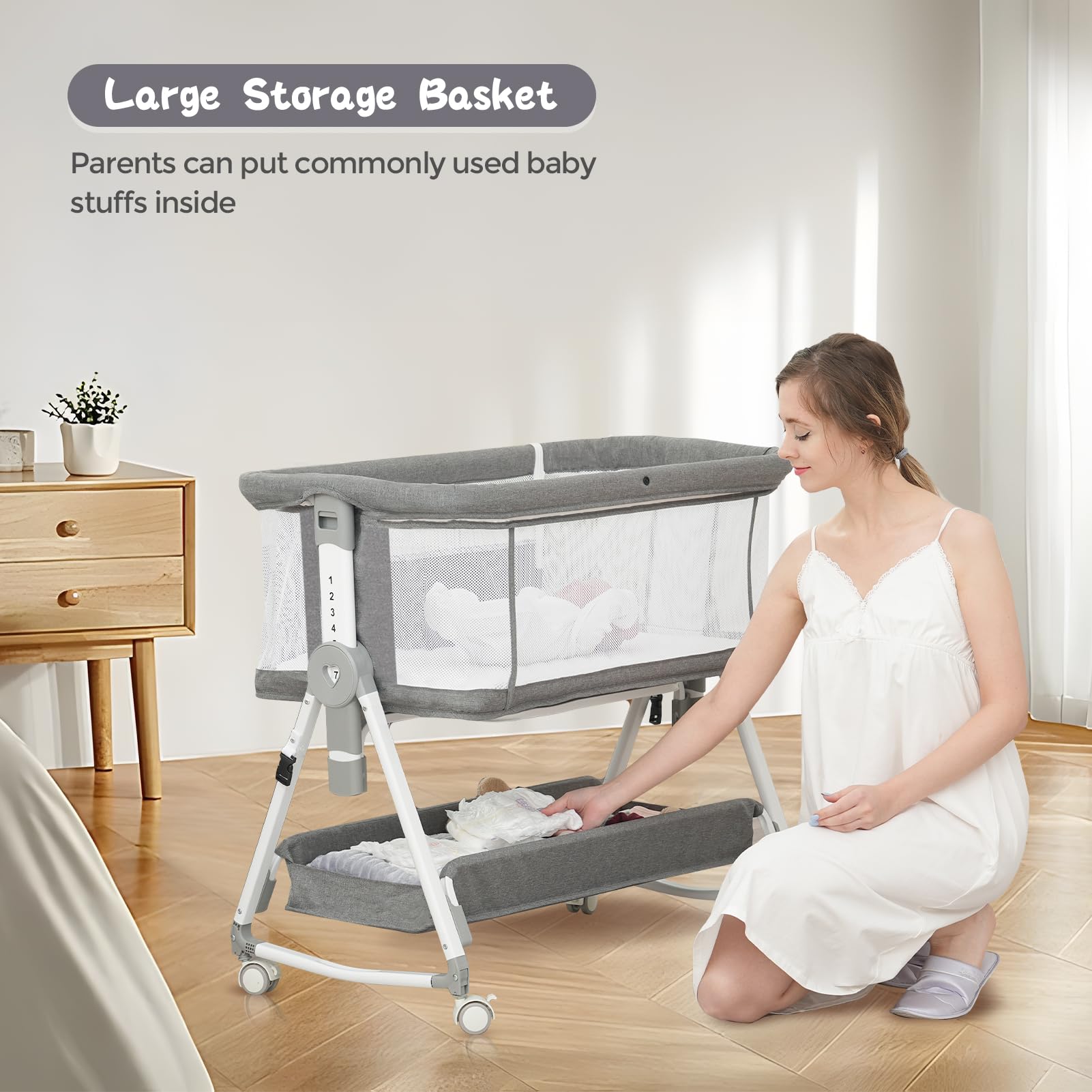 3-in-1 Foldable Baby Bassinet with Hanging Toys & Storage Basket - Adjustable Height Bedside Sleeper Crib with 4-Sided Mesh & Wheels (Light Grey) - Perfect for Nursery, Bedroom & Travel Use