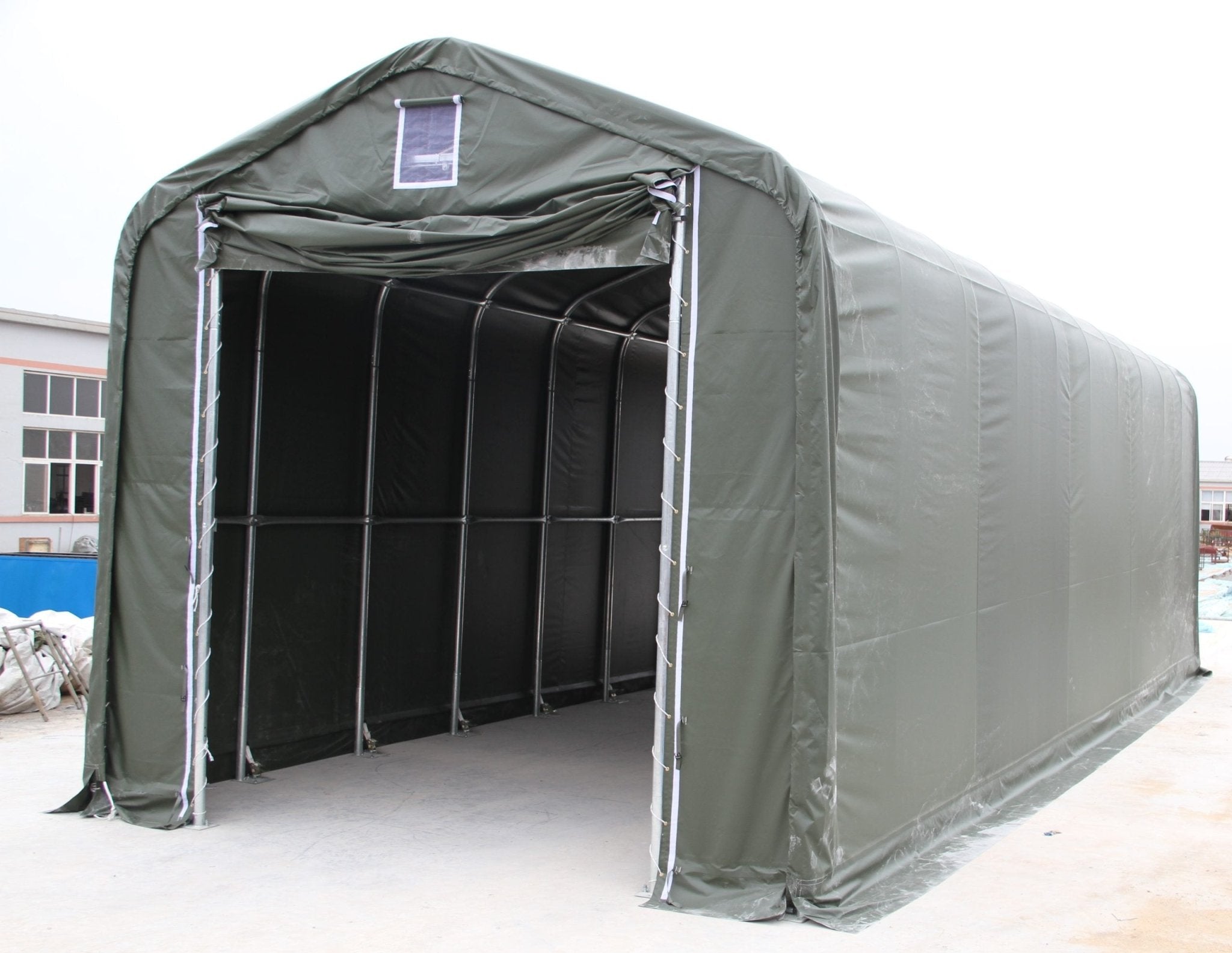 18x50x17 FT Heavy Duty PVC RV & Truck Storage Shelter - Durable Fabric Building for Outdoor Vehicle Protection (185017P) - Perfect for RV, Boat, and Truck Storage in All Weather Conditions