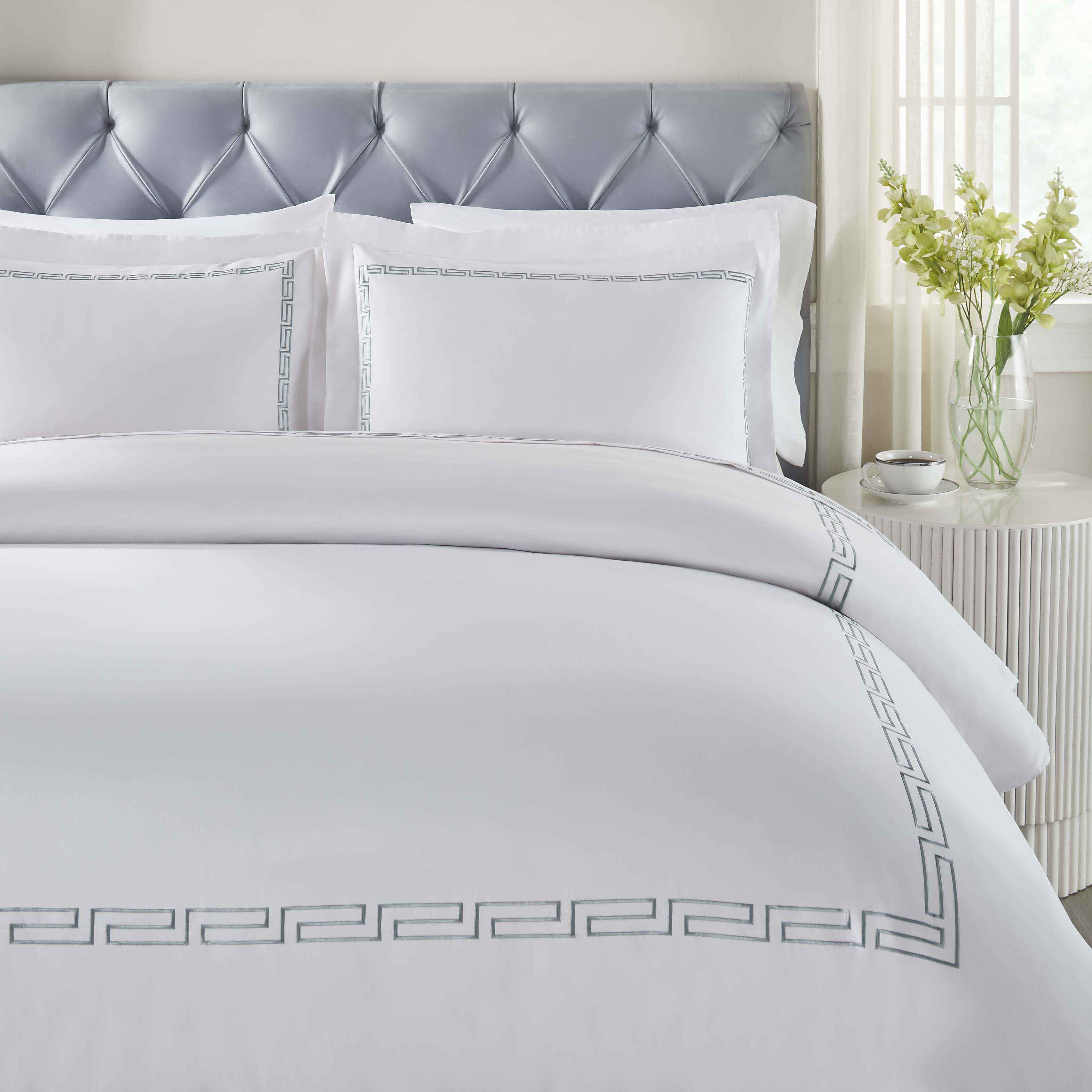 Harrison Cotton Greek Key Embroidered 3-Piece Duvet Cover Set - Queen Size, Luxury Bedding Set for Master Bedroom & Guest Room Decor