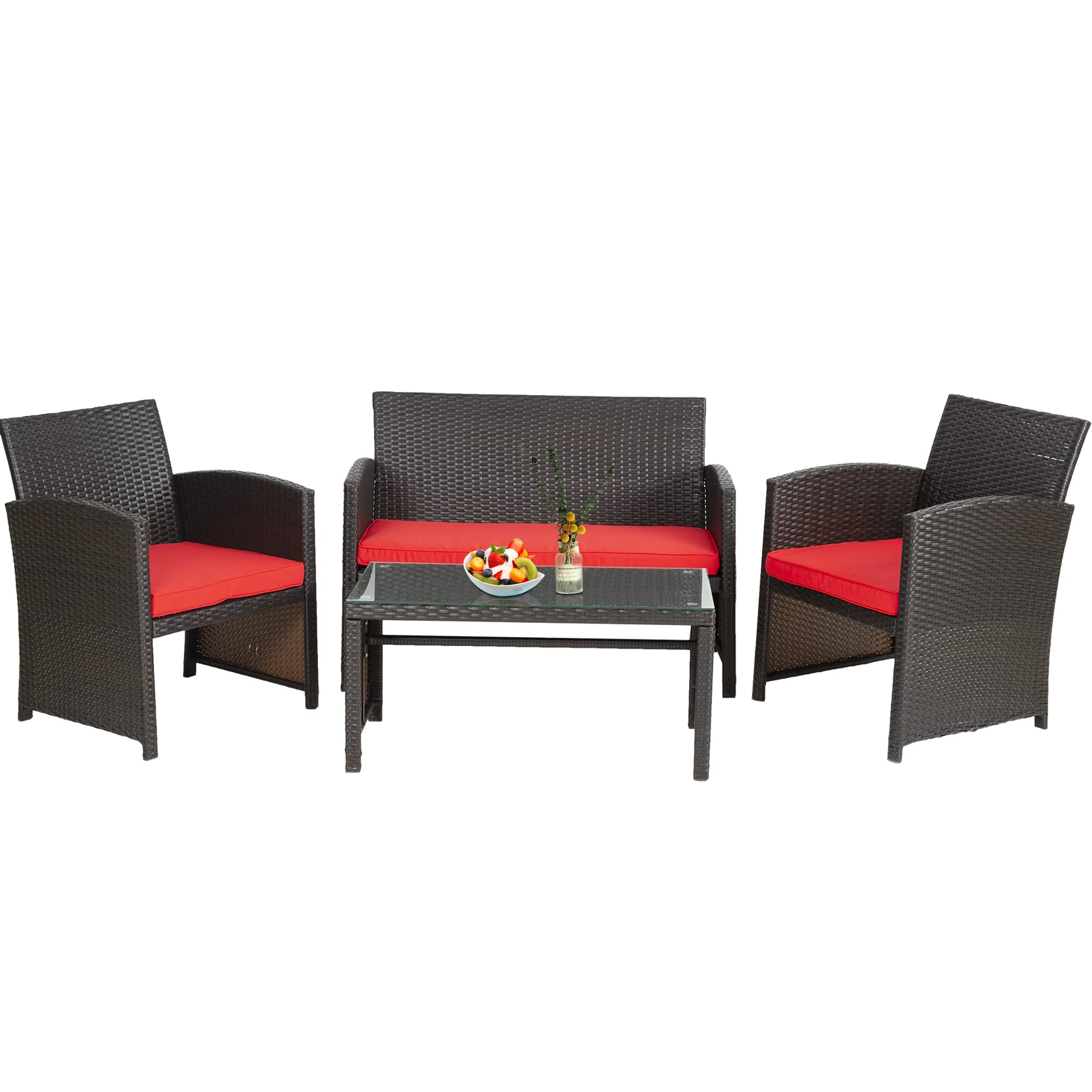 FDW 4-Piece Outdoor Patio Furniture Set - Wicker Rattan Conversation Set with Chairs for Poolside, Lawn, Porch, Balcony & Garden (Brown & Red) - Perfect for Relaxing, Entertaining & Outdoor Dining