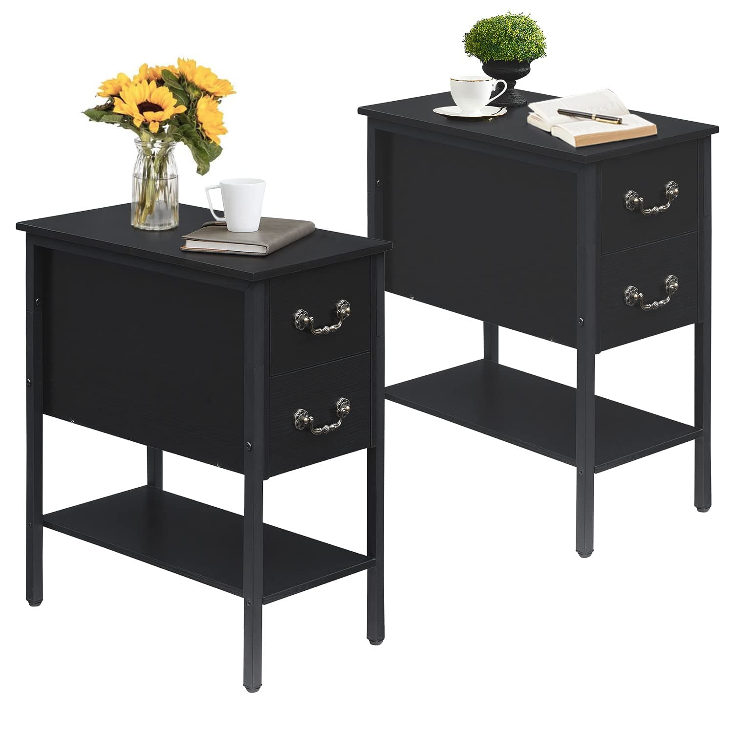 VECELO 2-Piece Narrow Nightstand Set with Drawers & Storage Shelf - Modern Small Space End Table for Bedroom, Living Room | Perfect for Apartment, Dorm, Studio & Tiny Homes (Black)
