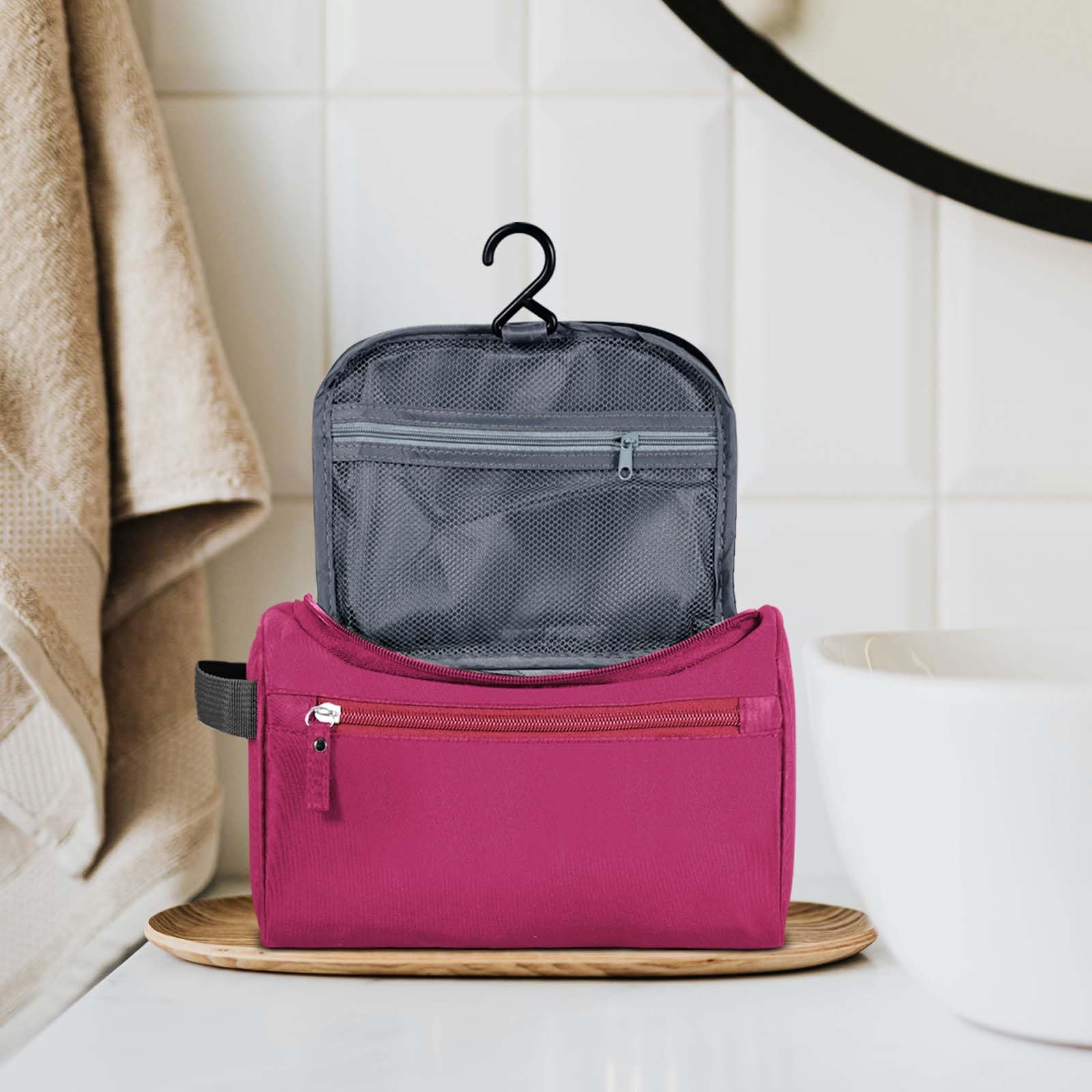 Hanging Toiletry Bag for Travel - Large Capacity Cosmetic Organizer with Hook for Women & Men | Perfect for Makeup, Brushes, Shaving Tools | Ideal for Camping, Gym, Business Trips (Red)