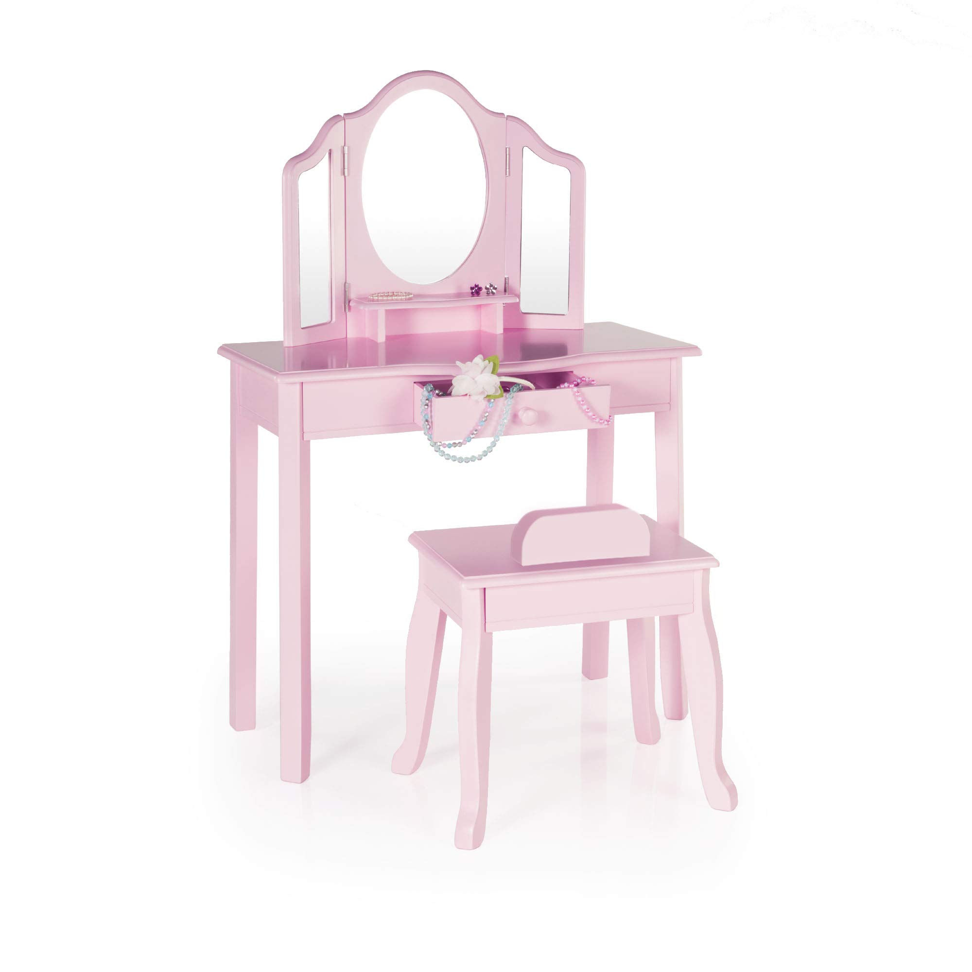 Guidecraft Pink Wooden Vanity and Stool Set for Girls Age 3-8 | Pretend Play Makeup Table with Mirror, Storage Drawer & Matching Chair | Princess Toy Vanity Desk Playset for Bedroom & Playroom