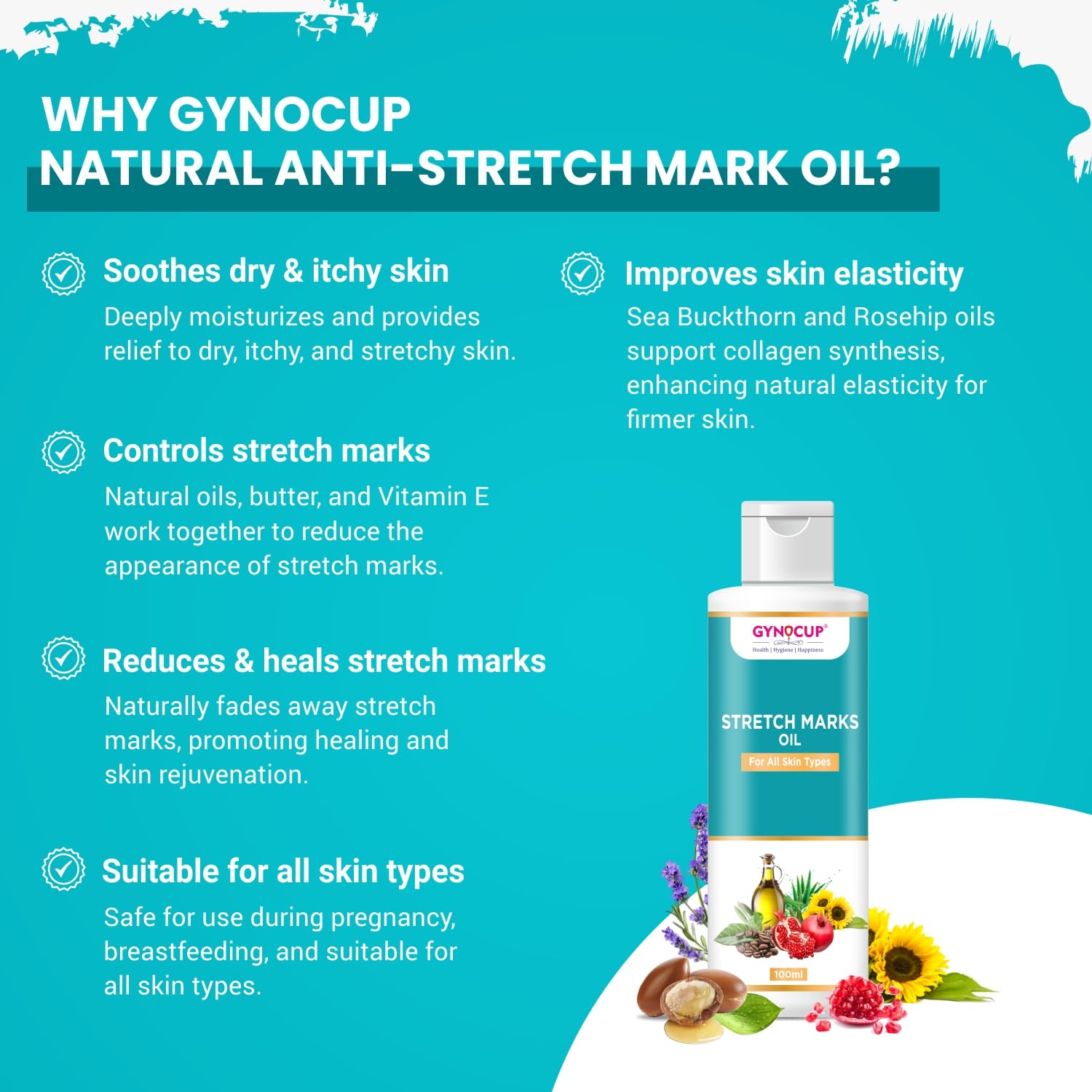 GYNOCUP Stretch Marks Removal Oil 100ml - Natural Pomegranate, Sunflower, Olive & Turmeric Oil for Pregnancy & Postpartum Care | Minimizes Stretch Marks, Improves Skin Elasticity & Scar Removal | Safe, Toxin-Free Body Oil for Expecting Mothers | Perfect for Daily Skincare Routine & Postpartum Recovery