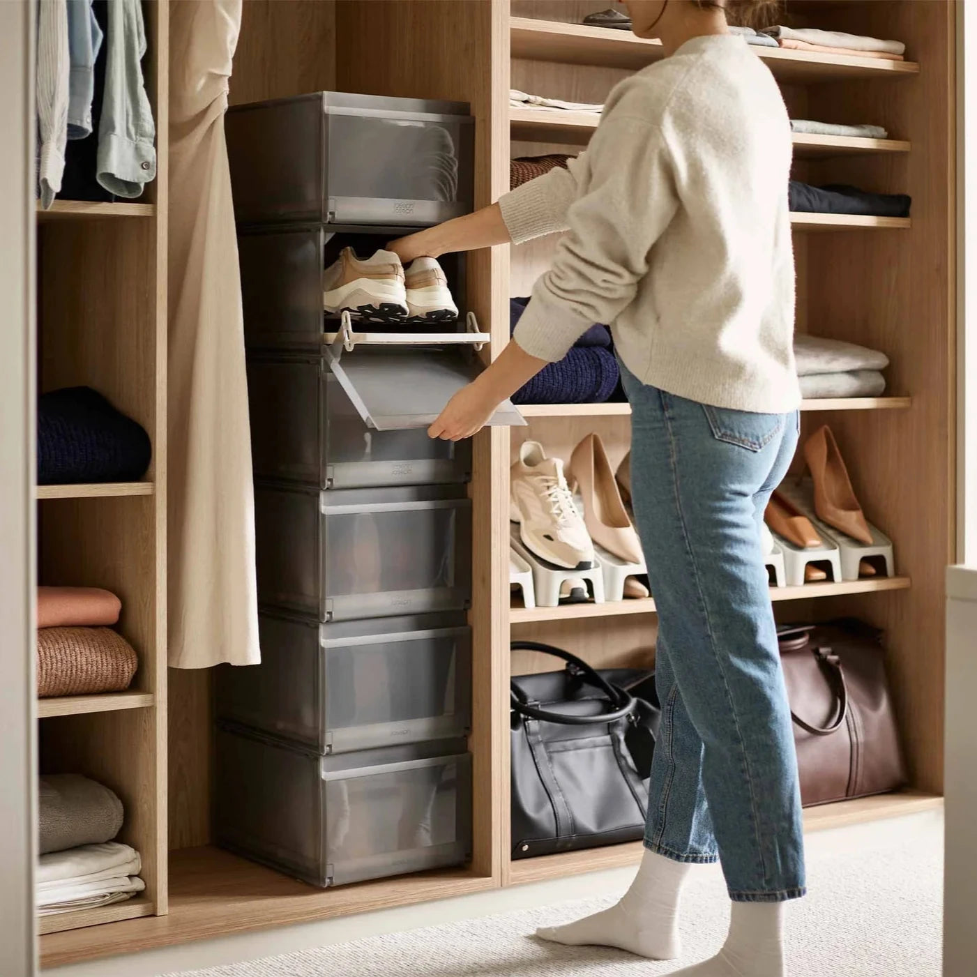 ShoeCase 2-Piece Grey Shoe Storage Box - Stackable Clear Plastic Shoe Organizer for Closet, Bedroom & Entryway Organization