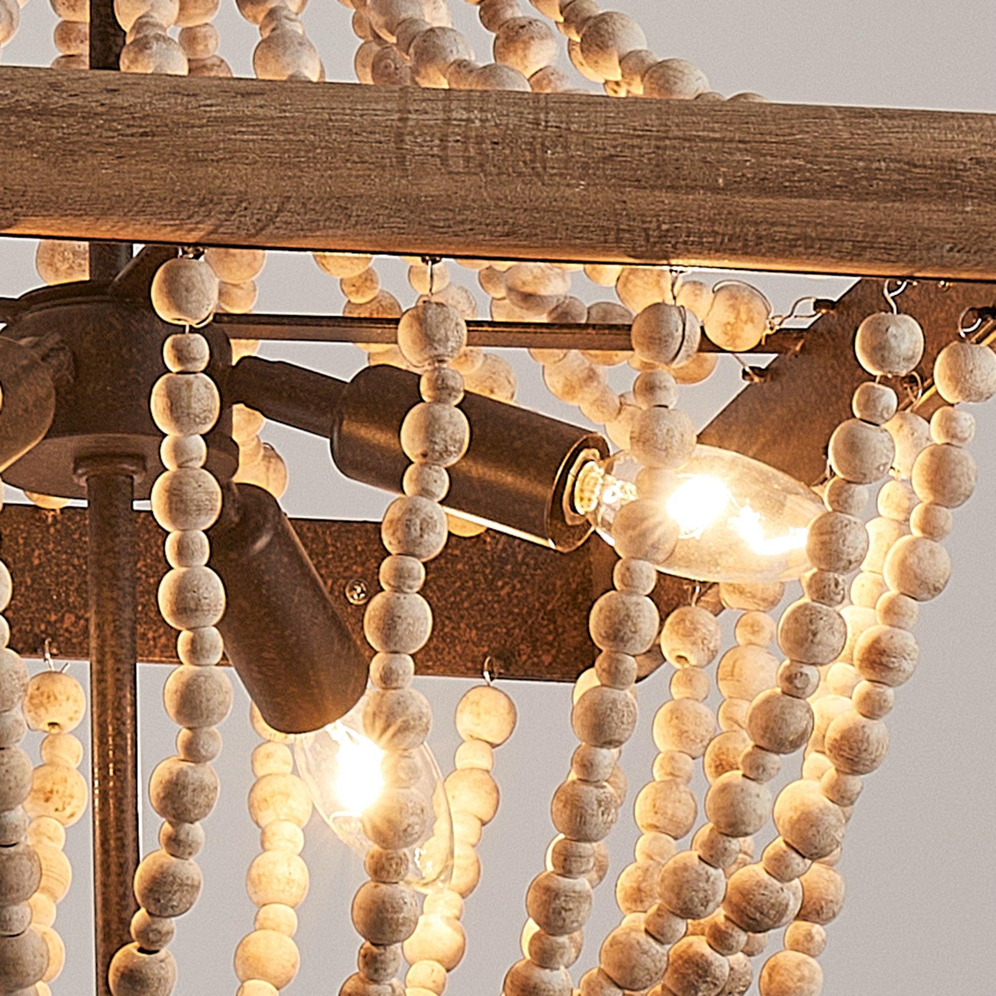 Regas 4-Light Wood Bead Candle Style Chandelier - Rustic Farmhouse Ceiling Light Fixture for Dining Room, Bedroom, or Living Room Decor