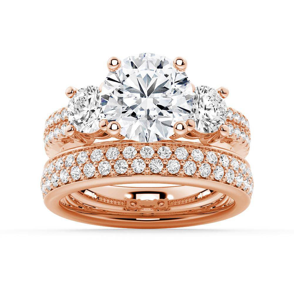 Double Row Pave Three Stone Round Cut Moissanite Engagement Ring for Women - Elegant Wedding Band, Anniversary Gift, Promise Ring for Her - Perfect for Proposals, Valentine's Day & Special Occasions
