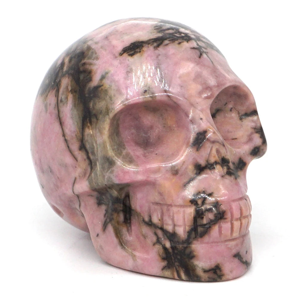 2 Pack Natural Pink Black Rhodonite Crystal Skull Statues - Hand Carved Reiki Healing Stone Figurines for Meditation, Yoga & Spiritual Healing - Unique Home Decor & Room Decoration Gifts