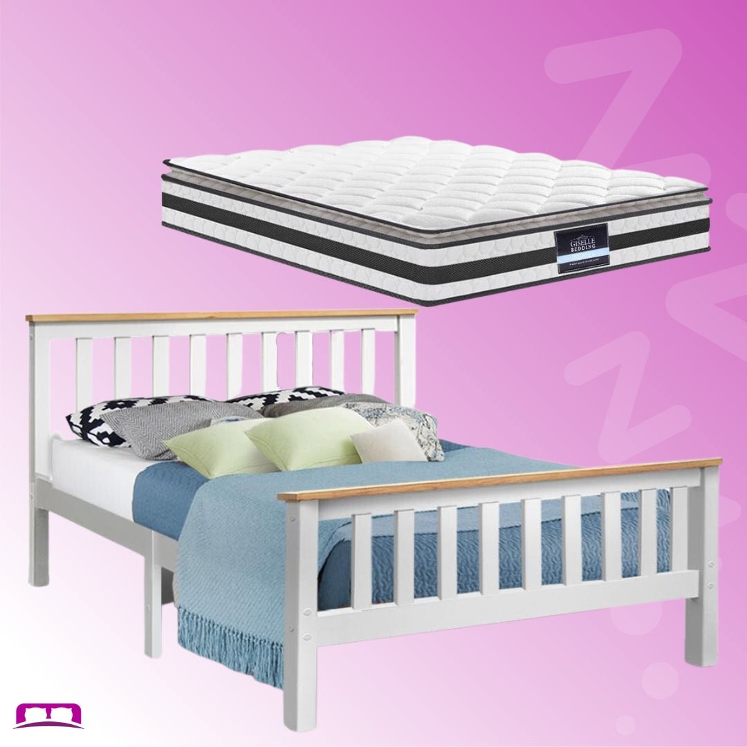 Kewarra Bed White & Normay Series Pillow Top Mattress - Medium Firm Double Package for Ultimate Comfort | Perfect for Guest Rooms, Master Bedrooms & Vacation Homes