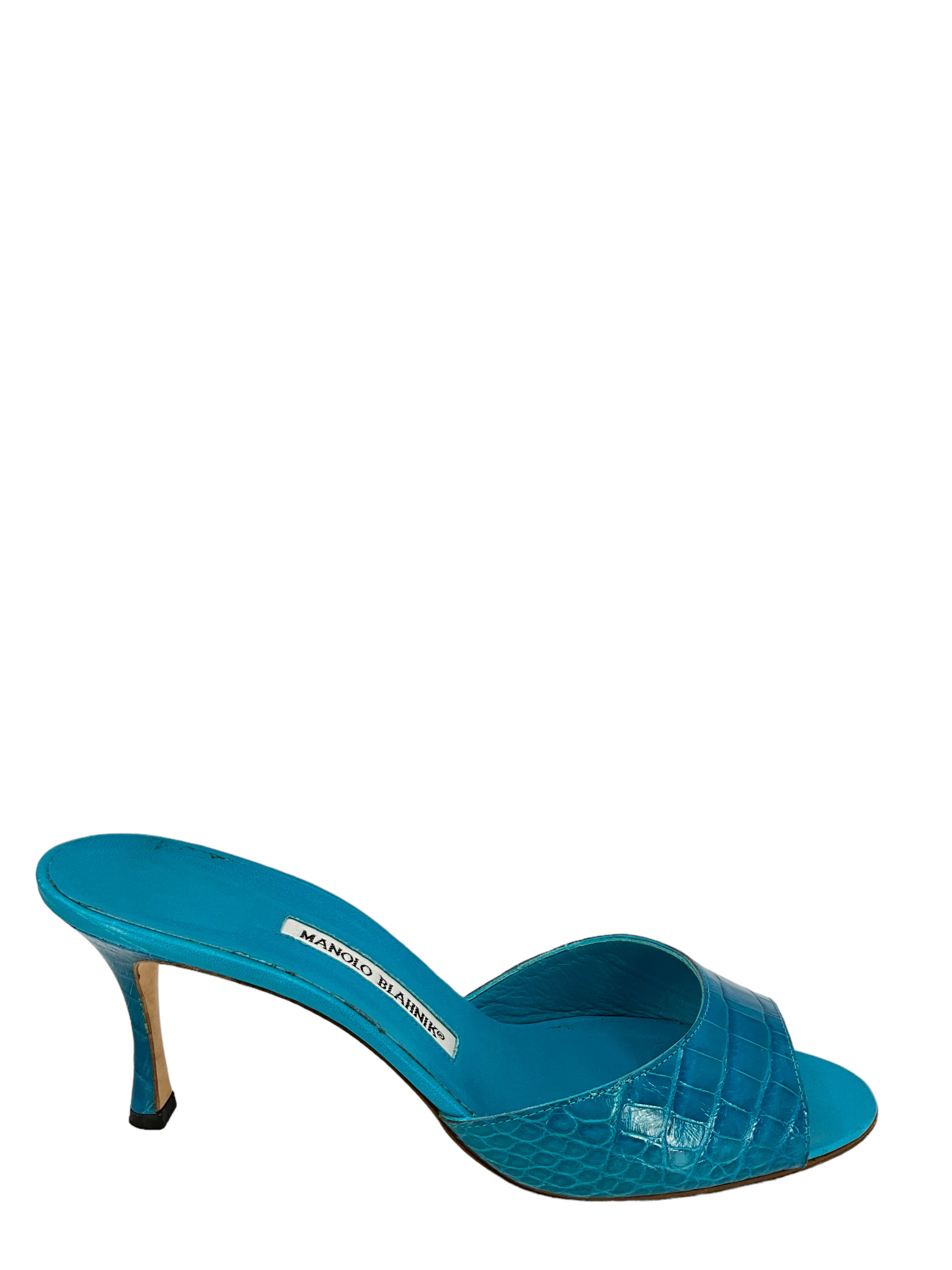 Manolo Blahnik Turquoise Alligator Leather Mules Women's Size 11 | Luxury Designer Shoes for Weddings, Parties & Special Occasions