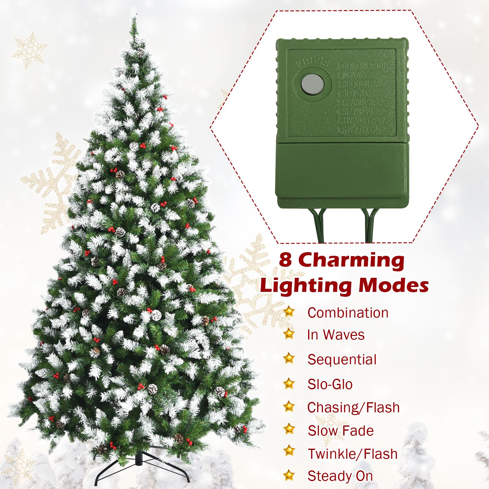 GOFLAME 7.5ft Pre-Lit Artificial Christmas Tree with 550 Warm White LED Lights, 8 Lighting Modes, Snow Flocked Hinged Branches & Sturdy Metal Stand - Perfect for Living Room, Office, and Holiday Festival Decorations