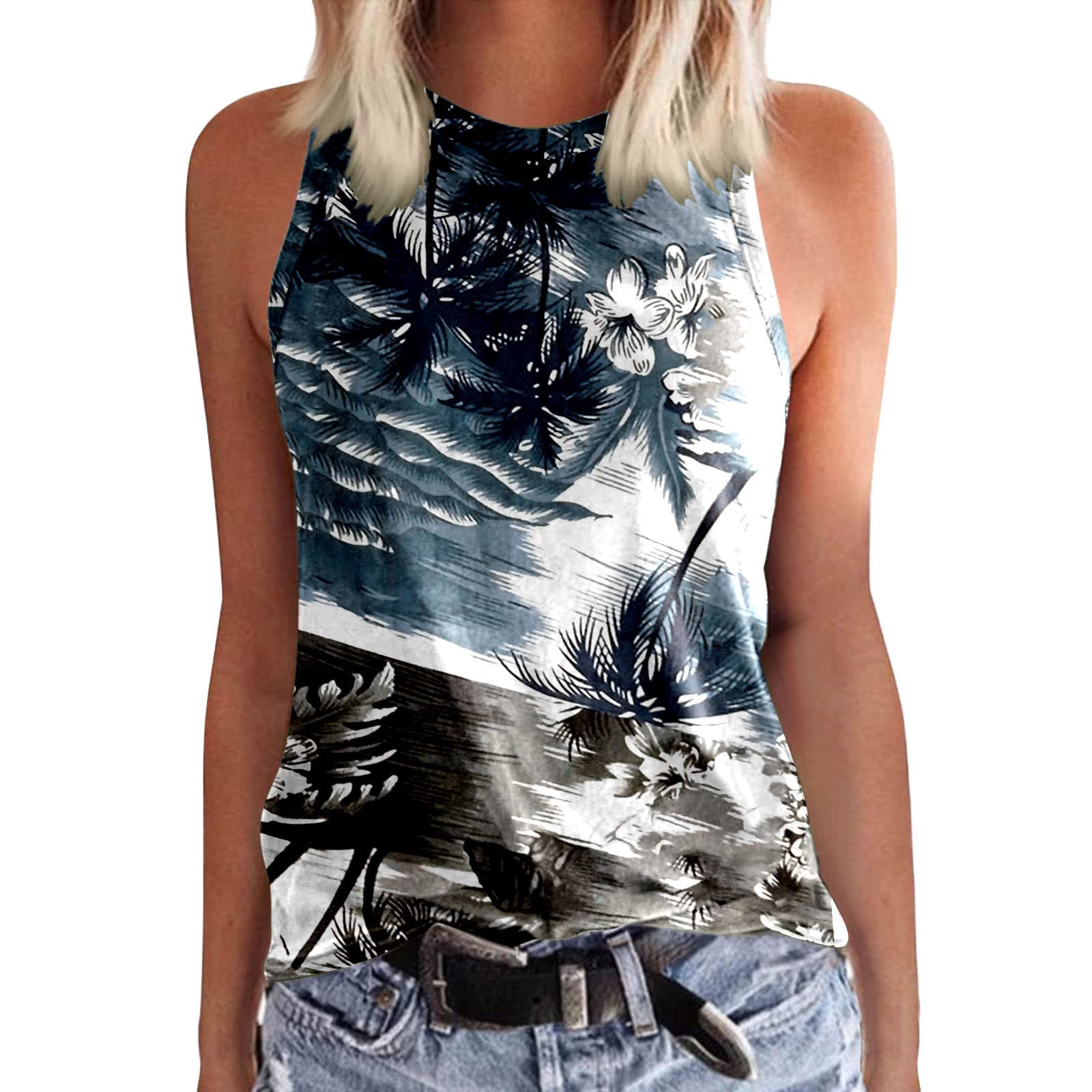 Women's Summer Casual Sleeveless Crewneck Printed Tank Tops - Loose Fit Basic Shirts for Beach, Yoga, Gym & Everyday Wear (Navy, Medium)