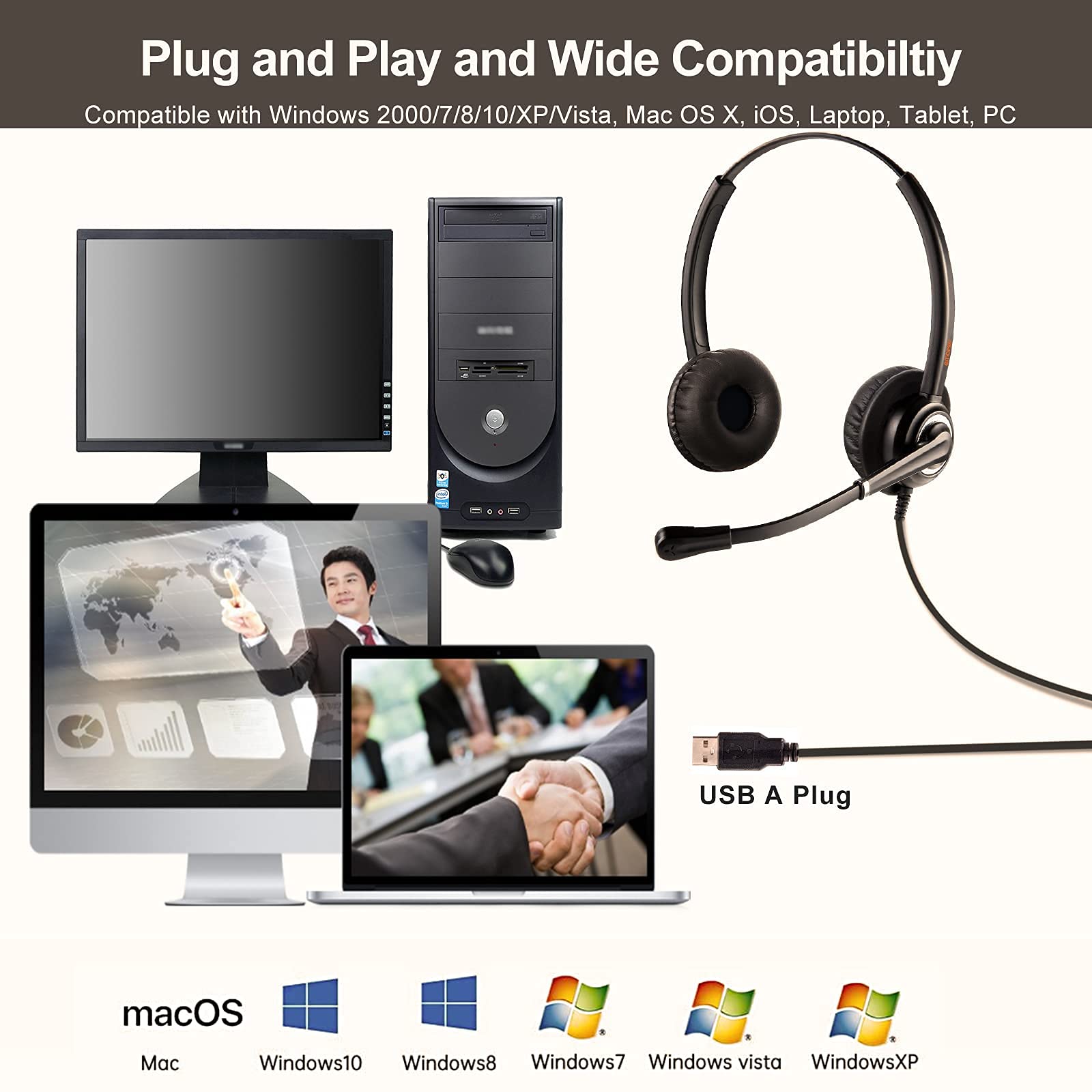 Emaiker USB Headset with Noise Cancelling Microphone - Comfortable Office Headphones for PC, Mac, Laptop - Perfect for Call Center, Skype, Zoom Meetings, Teams, Dragon Dictation & Remote Work from Home - Ideal for Online Classes, Webinars & Customer Service