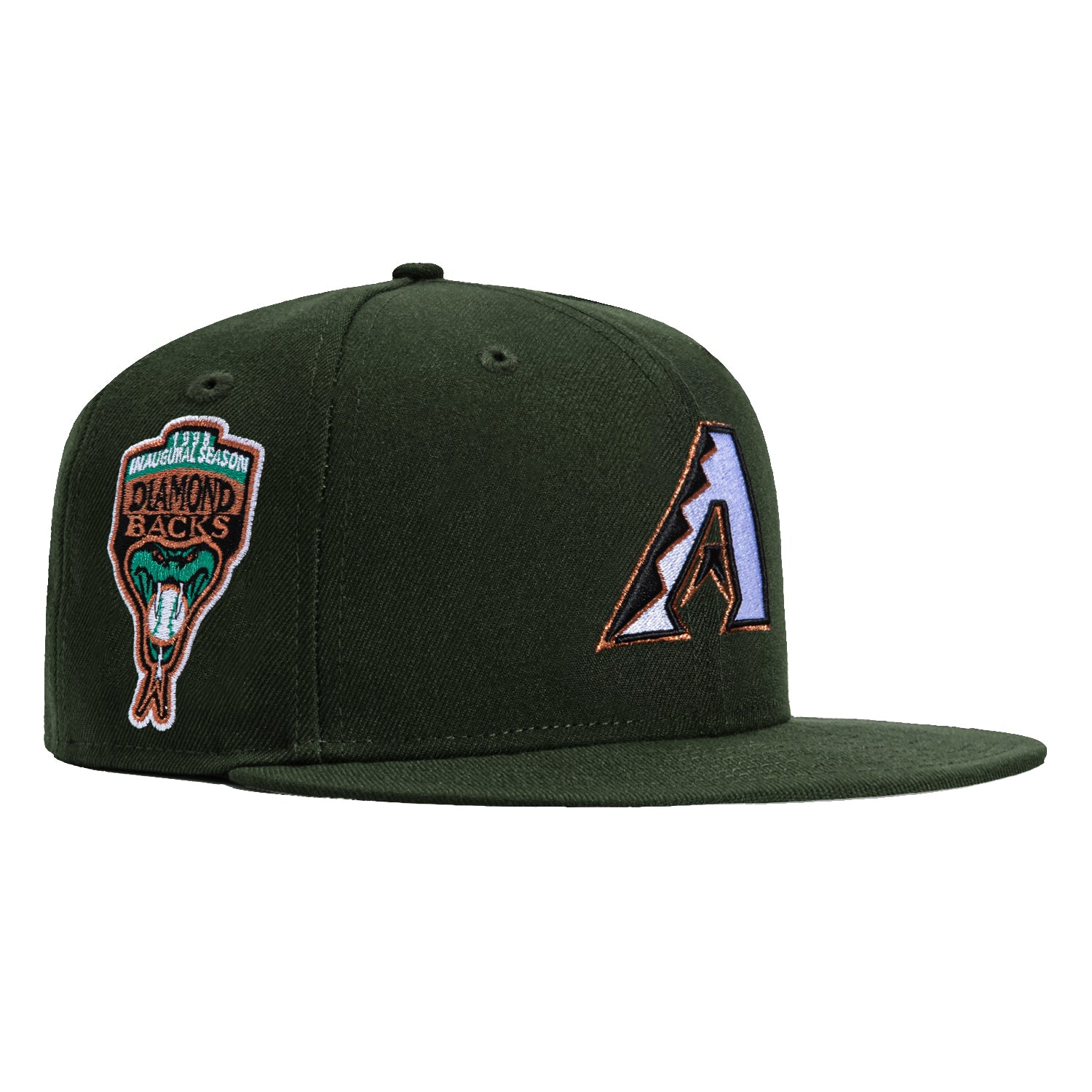 New Era 59Fifty Arizona Diamondbacks MLB Baseball Cap with Inaugural Patch - Green, White & Metallic Copper - Adjustable Snapback Hat for Fans, Sports Enthusiasts & Casual Wear
