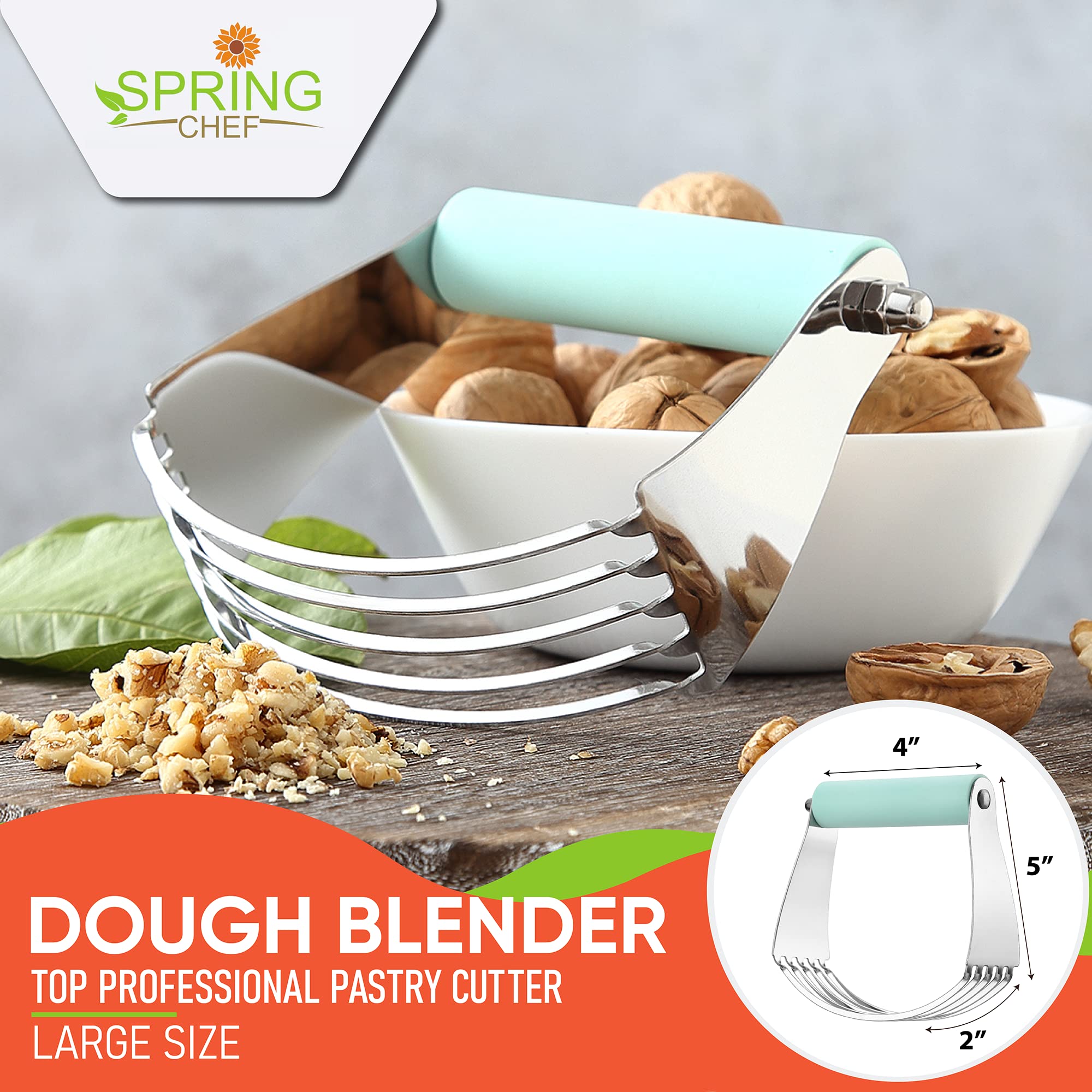 **Spring Chef Stainless Steel Dough Blender - Professional Manual Pastry Cutter with Sharp Blades for Baking, Mixing Dough & Puff Pastry - Dishwasher Safe - Mint Green | Perfect for Pies, Cookies & Homemade Bread**