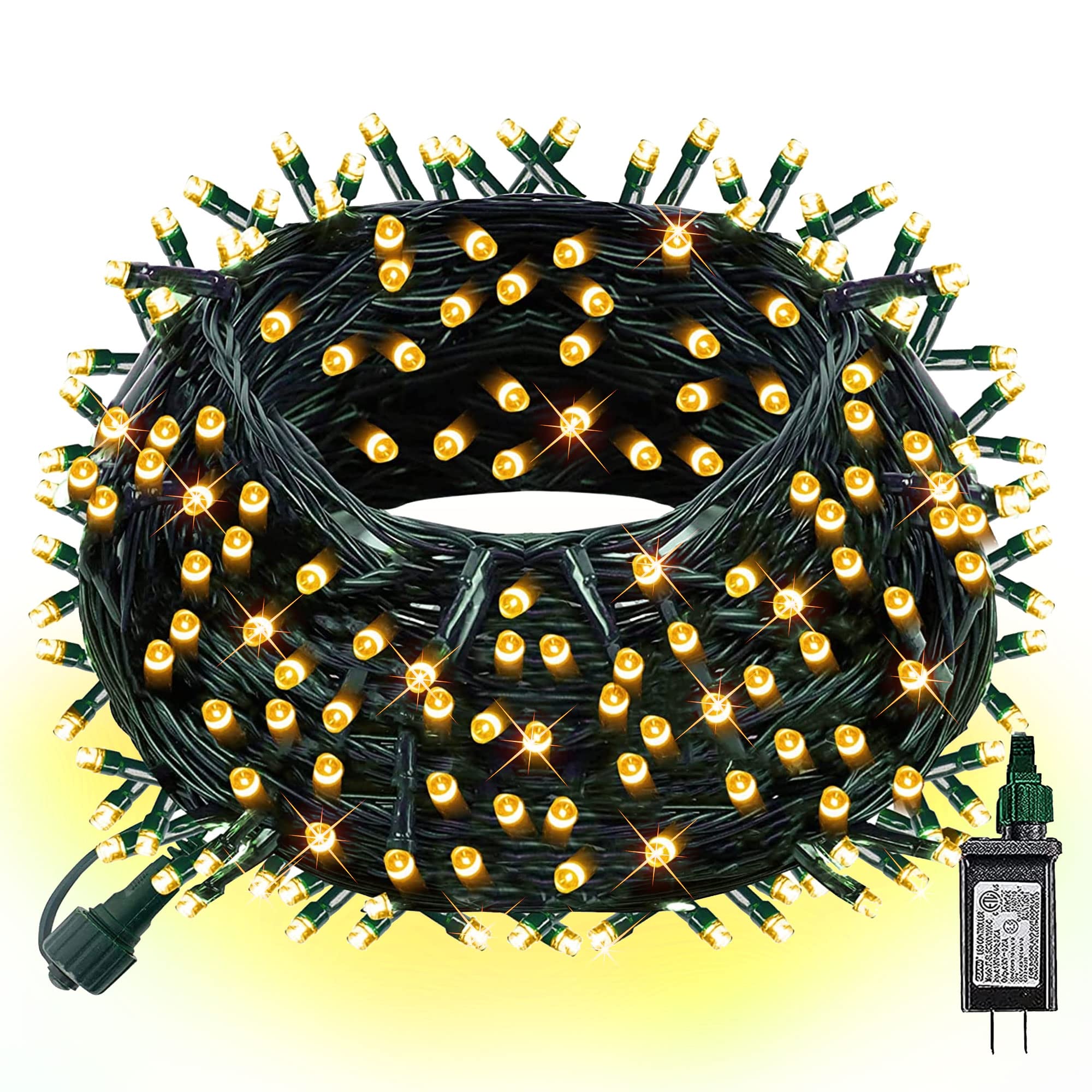 Dazzle Bright 66FT 200 LED Christmas String Lights - Connectable Green Wire with 8 Lighting Modes, Waterproof Indoor Outdoor Holiday Lights for Patio, Party, Wedding, Christmas Tree & Home Decor (Warm White) - Perfect for Holiday Decorations, Garden Lighting, and Festive Celebrations