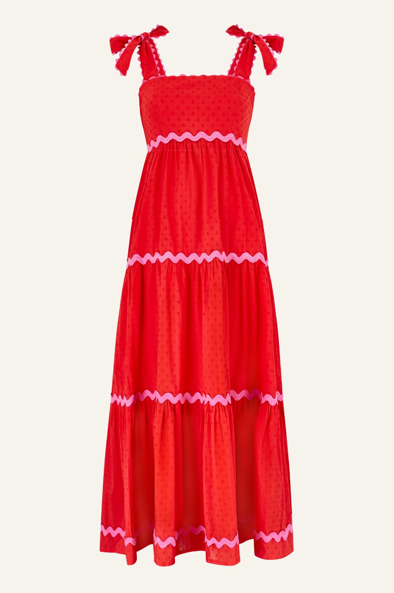 Tabitha Organic Cotton Dobby Ric Rac Dress for Women - Red & Pink Floral Summer Dress | Perfect for Beach Vacations, Garden Parties & Casual Outings