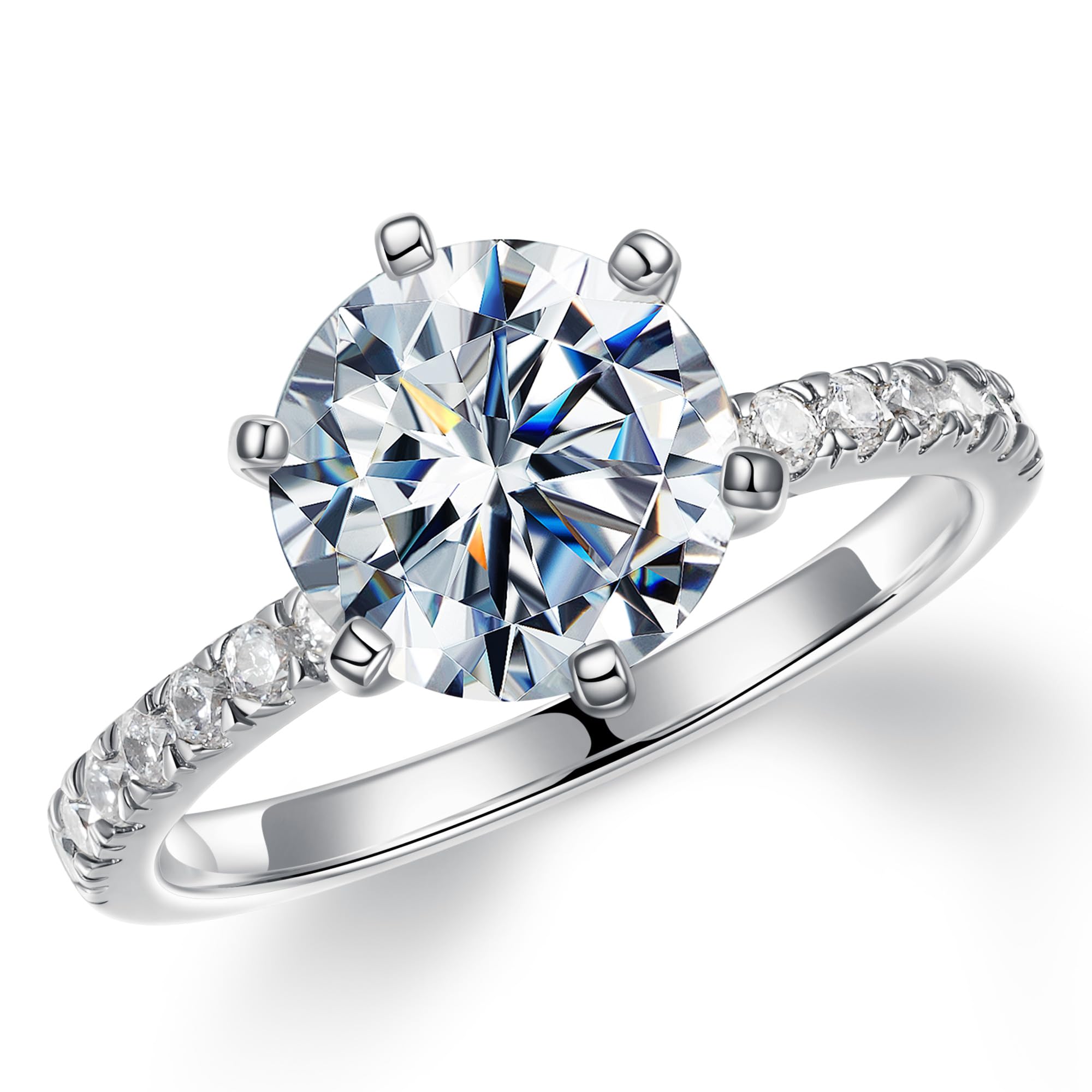 3CT Moissanite Engagement Ring for Women - D Color VVS1 Clarity Lab Created Diamond Alternative, 925 Sterling Silver 14K White Gold Plated, 6-Prong Solitaire Ring - Perfect for Proposals, Anniversaries & Special Occasions
