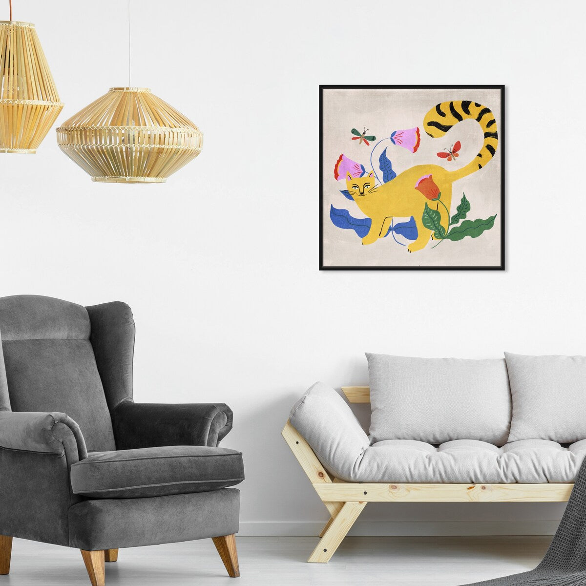 Blonde Tabby Floral Kitten Butterfly Garden Modern Yellow Framed Canvas Wall Art Print - Home Decor for Bedroom, Living Room & Nursery
