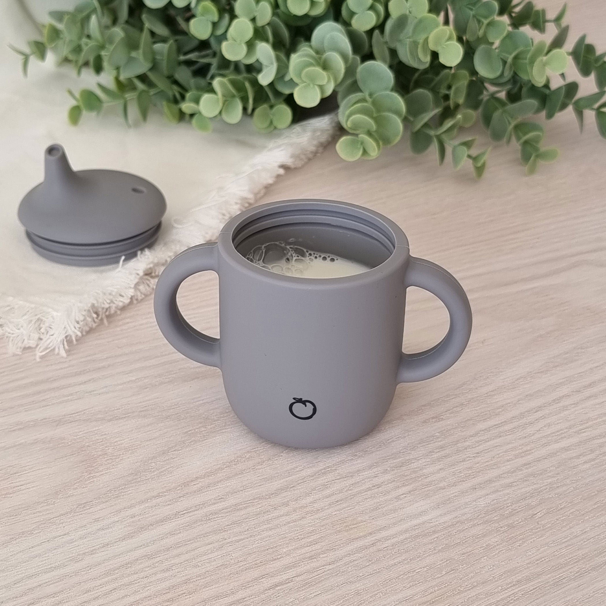 Plum Silicone Sippy Cup for Toddlers - BPA-Free, Leak-Proof, Soft Spout Grey Baby Cup - Perfect for Travel, Daycare & Learning to Drink Independently