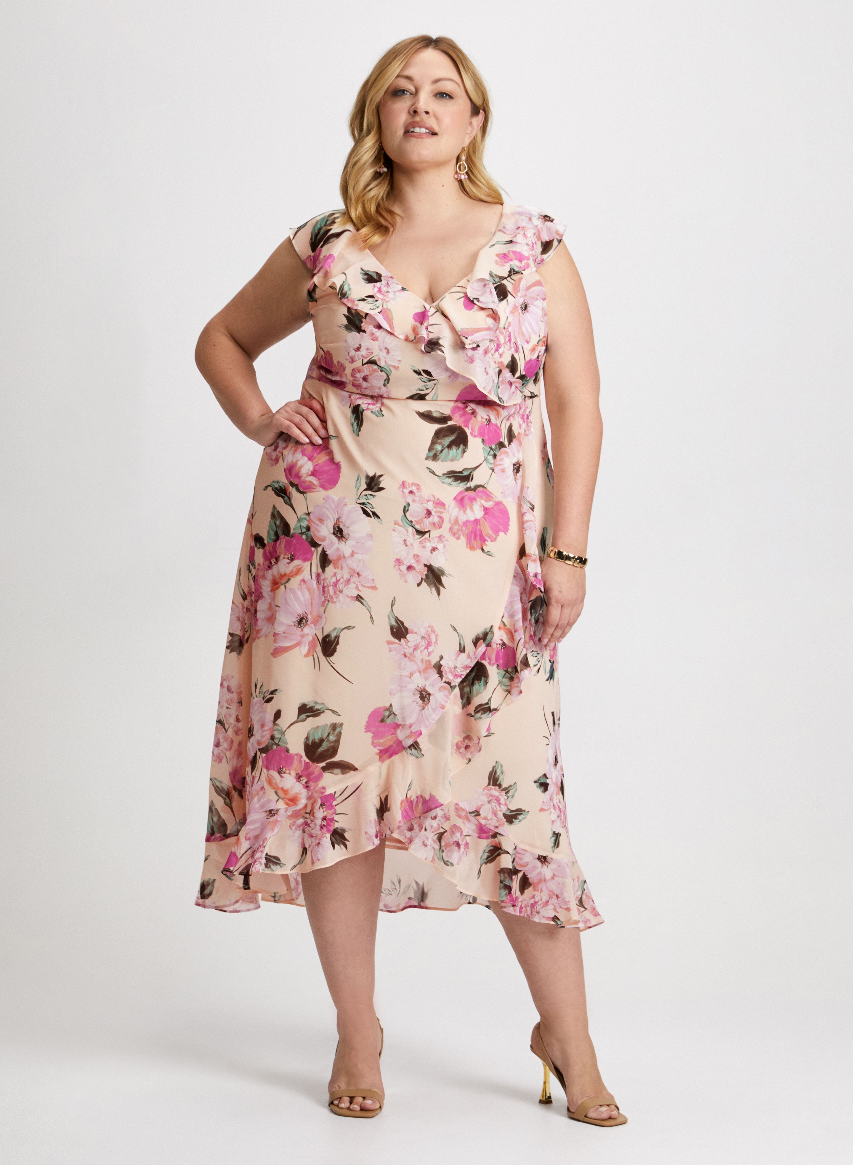 Floral Midi Dress with Beaded Dangle Earrings - Elegant Summer Outfit for Women | Perfect for Weddings, Parties & Date Nights
