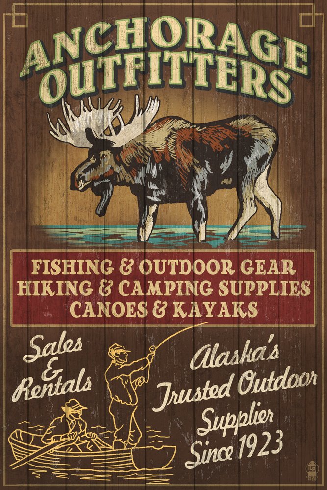 Vintage Moose Outfitters Alaska Wall Art - Signed 24x36 Art Print, Anchorage Decor Poster for Cabin, Lodge & Wilderness Theme Room
