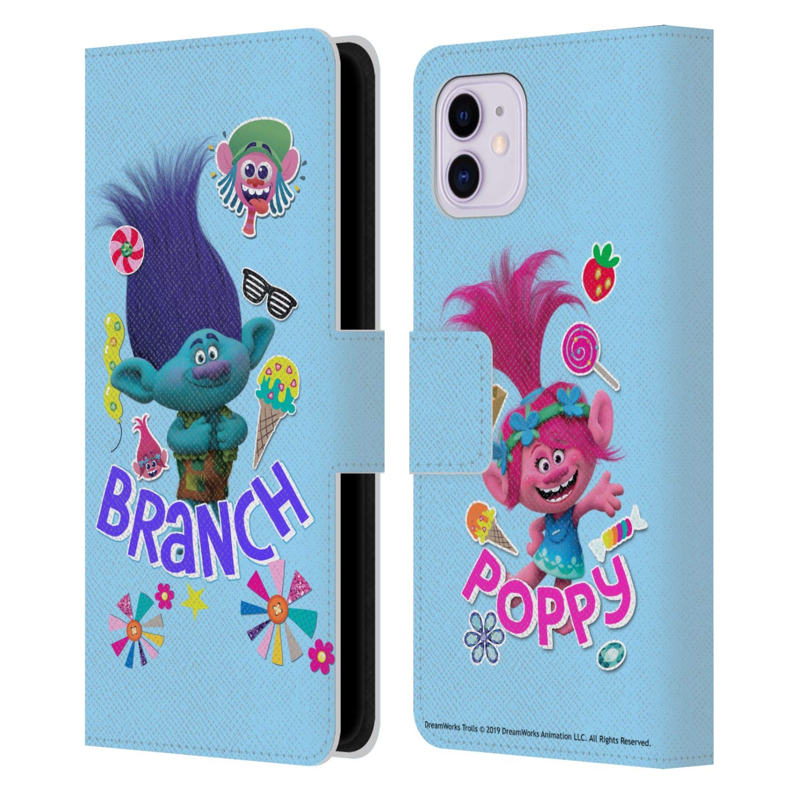 Official Trolls Branch Leather Wallet Case for Apple iPhone 11 - Licensed Book Cover Design with Graphics | Perfect for Fans, Gift Giving & Everyday Protection