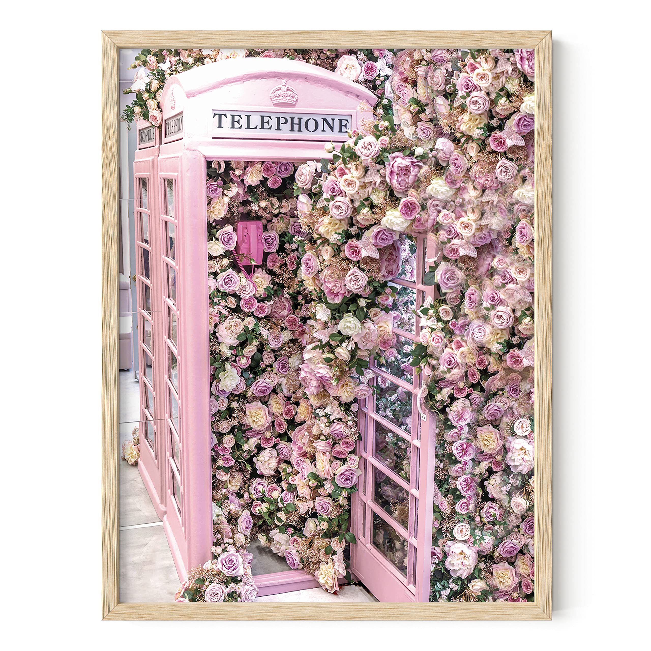 HAUS AND HUES Floral Phone Booth Wall Art - Pink Paris Flower Poster, Beige Framed 12x16 Inch, Vintage Parisian Decor for Living Room, Bedroom & Office