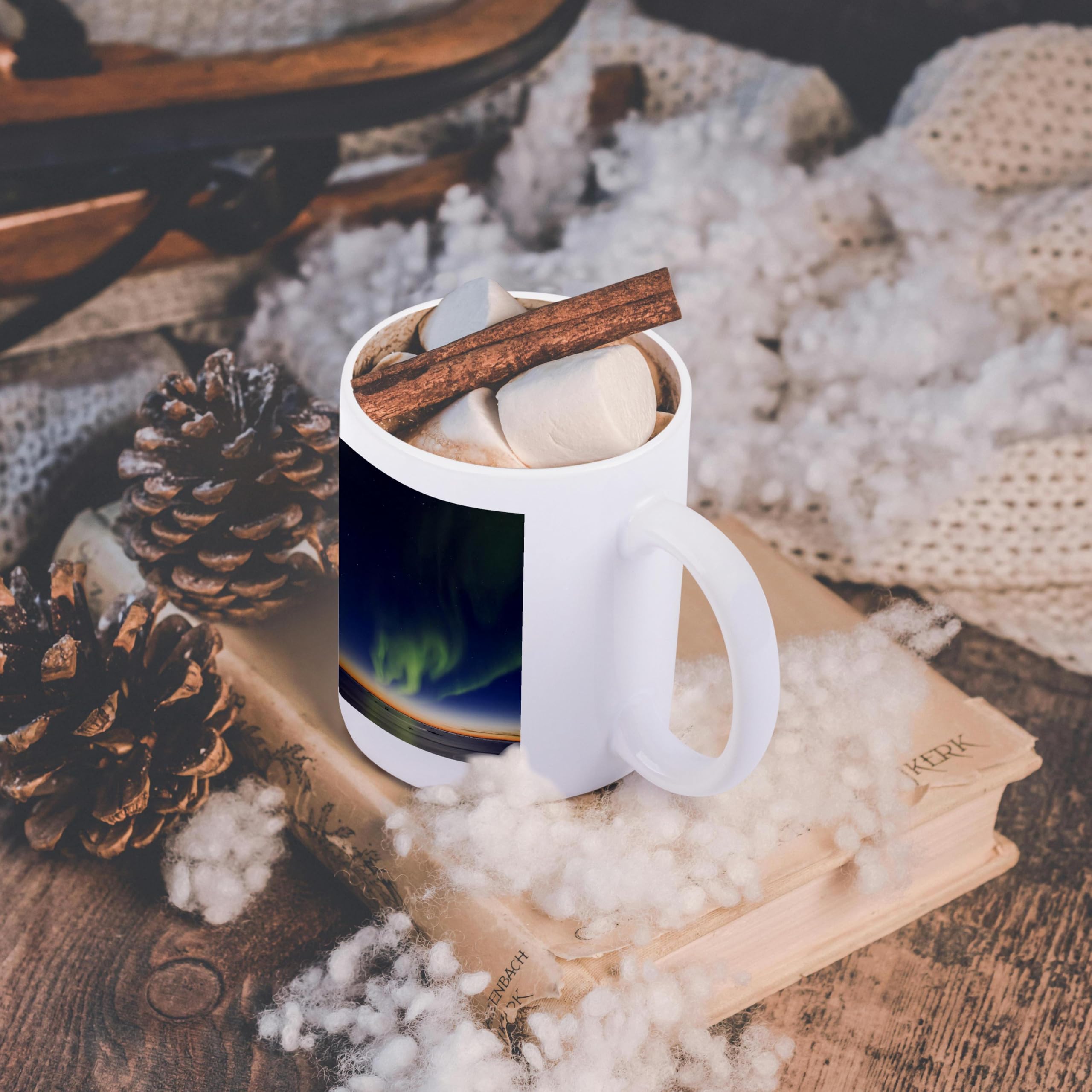 3D Rose Big Dipper Aurora Borealis Alaska USA Ceramic Mug - 15 oz White Coffee Cup with Unique Night Sky Design - Perfect for Hot Drinks, Office Use & Gift Giving