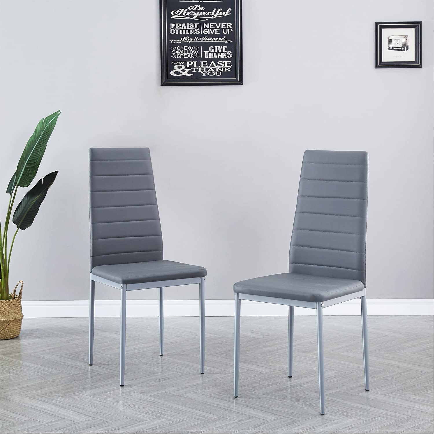 Modern Set of 4 Dining Chairs with Padded Seats - Mid Century Style Kitchen & Dining Room Chairs in PU Gray - Perfect for Home, Restaurant, and Office Use