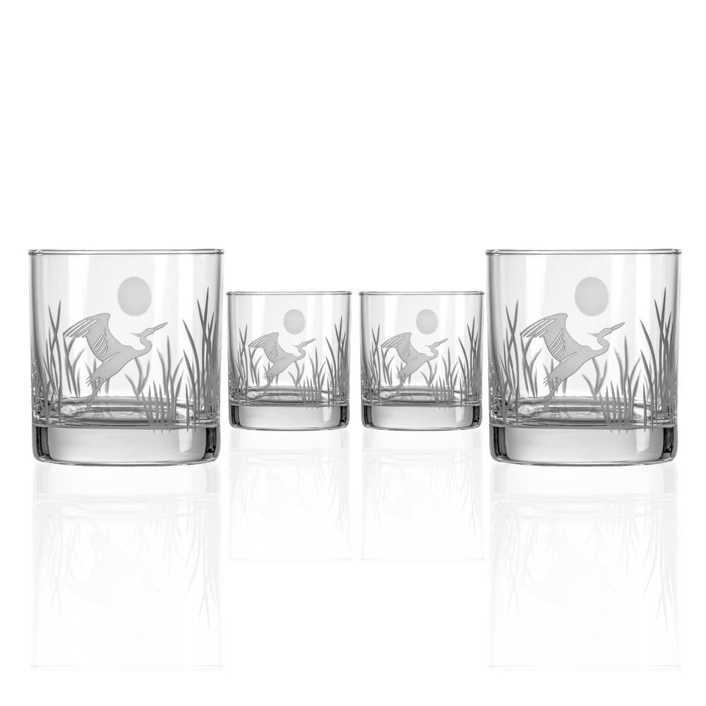 Premium Heron 11oz Whiskey Glasses Set of 4 - Heavy Base Rocks Glasses for Bourbon, Scotch & Cocktails - Perfect for Home Bar, Gifts & Entertaining