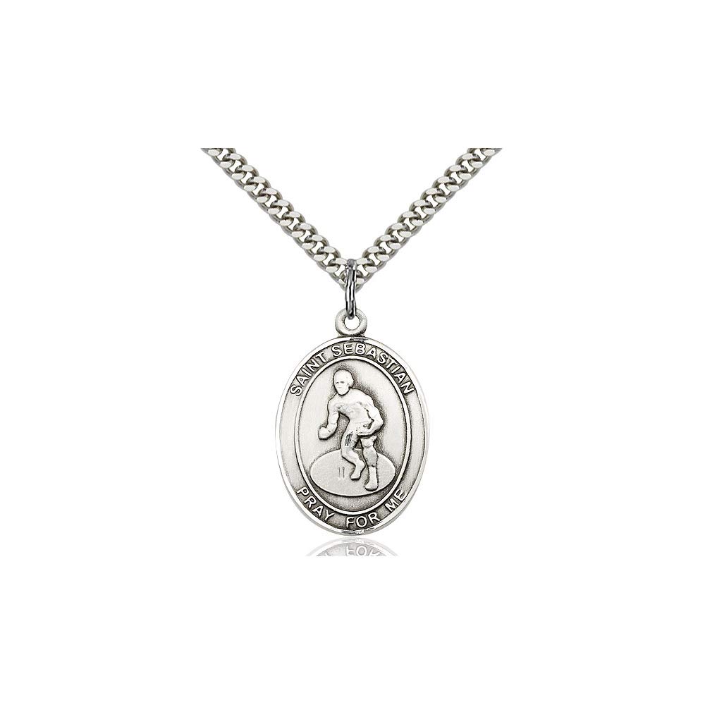Sterling Silver St. Sebastian Wrestling Pendant - Diamond Jewelry NY - Religious Medal Necklace for Athletes, Wrestlers & Sports Enthusiasts - Perfect Gift for Baptism, First Communion & Sports Events