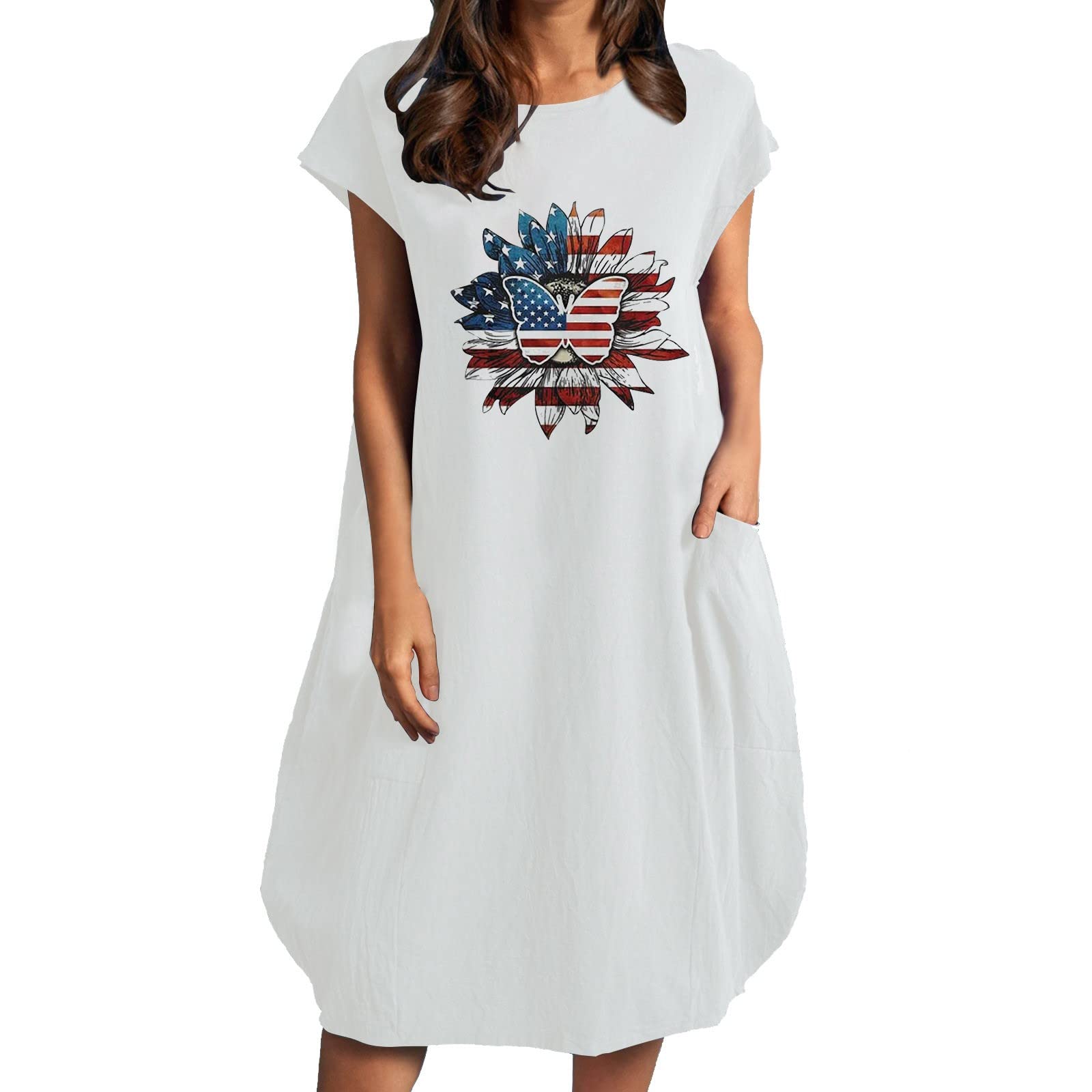 Zpervoba Women's Summer Casual Sunflower Printed Loose Short Sleeve Dress - Round Neck Flowy Sundress for Beach, Vacation & Outdoor Activities