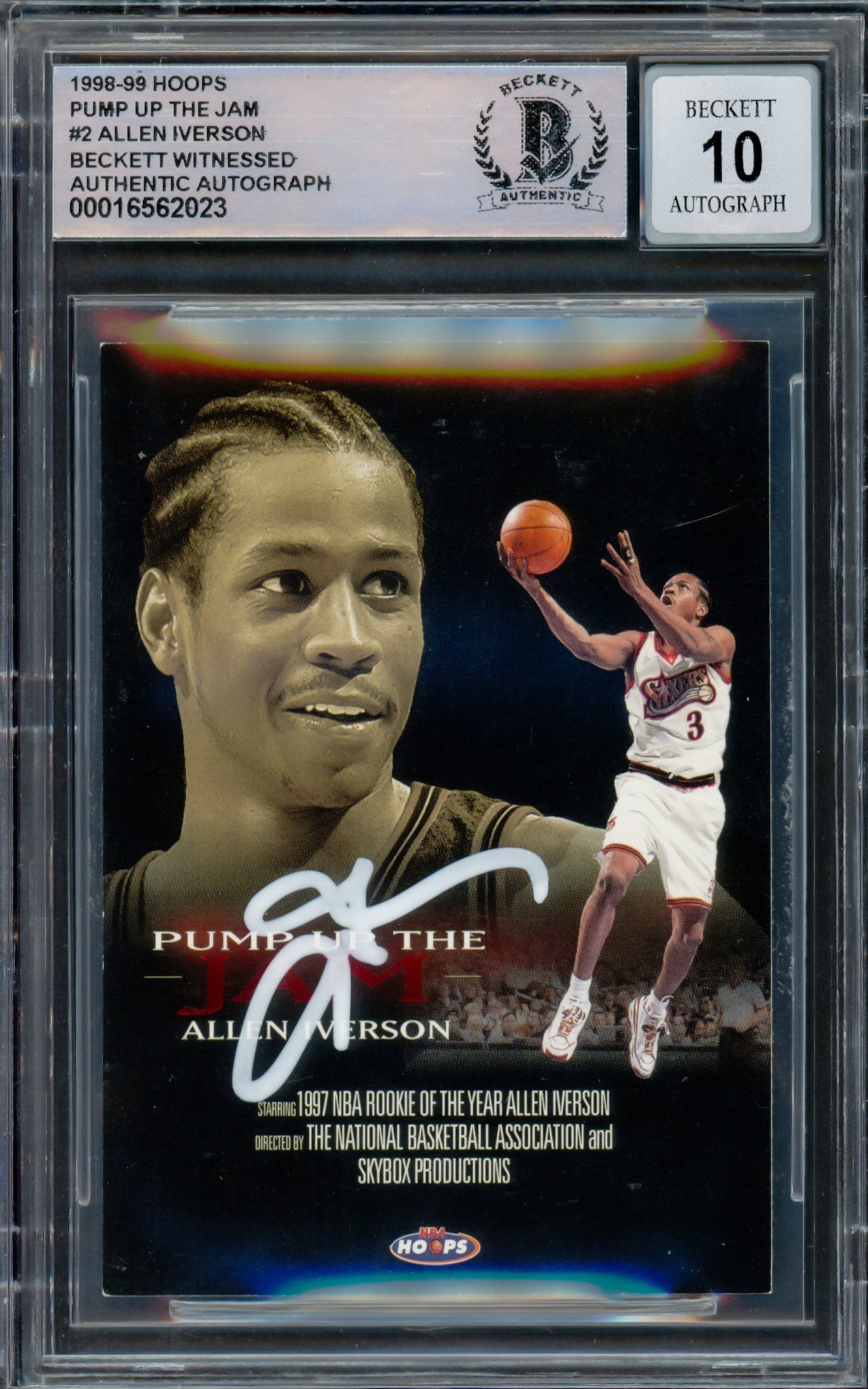 Allen Iverson Autographed 1998-99 Hoops Pump Up The Jam Card #2 Philadelphia 76ers Beckett BAS Gem Mint 10 - NBA Collectible Memorabilia for Fans & Investors - Perfect for Display, Gifts, and Sports Collections
