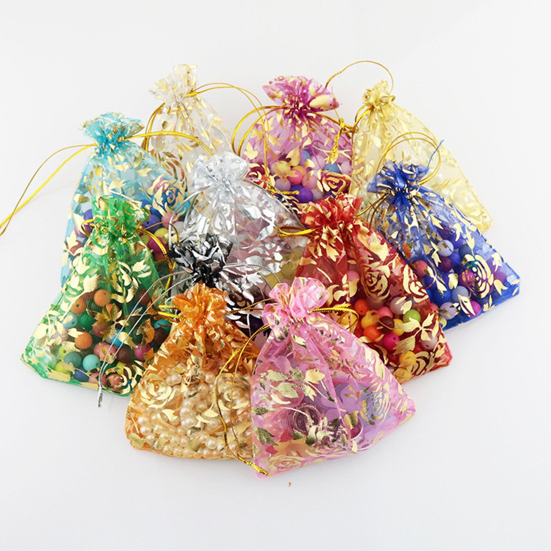100pcs Rose Pattern Organza Wedding Favor Bags 5