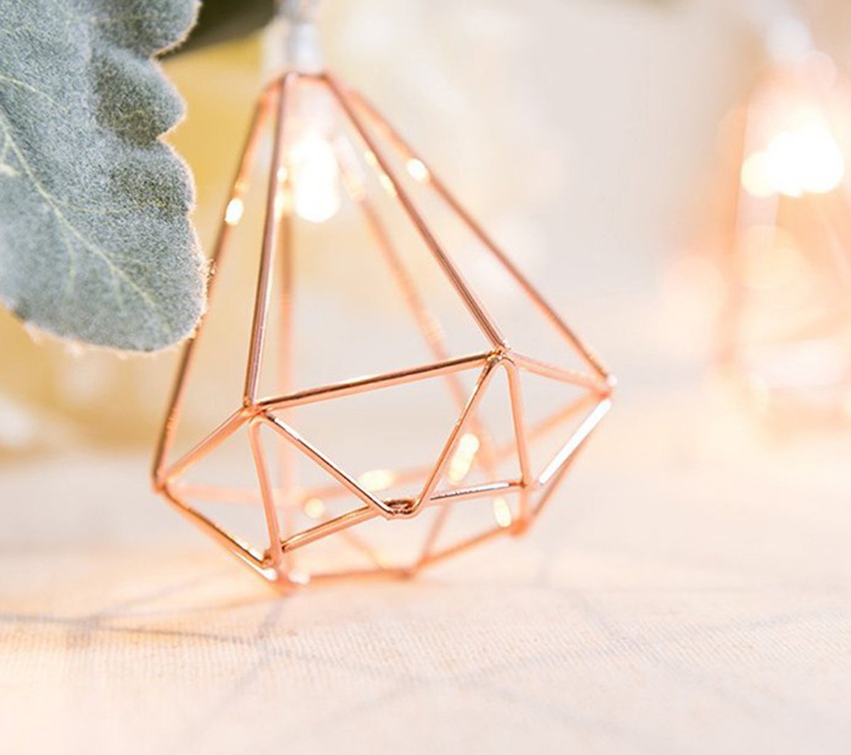 Rose Gold Metal String Lights - 10ft 20 LED Battery Powered Geometric Fairy Lights for Indoor Decor | Perfect for Christmas, Wedding, Party & Home Decoration (Polyhedral Design) - Create Cozy Ambiance in Bedroom, Patio or Special Events