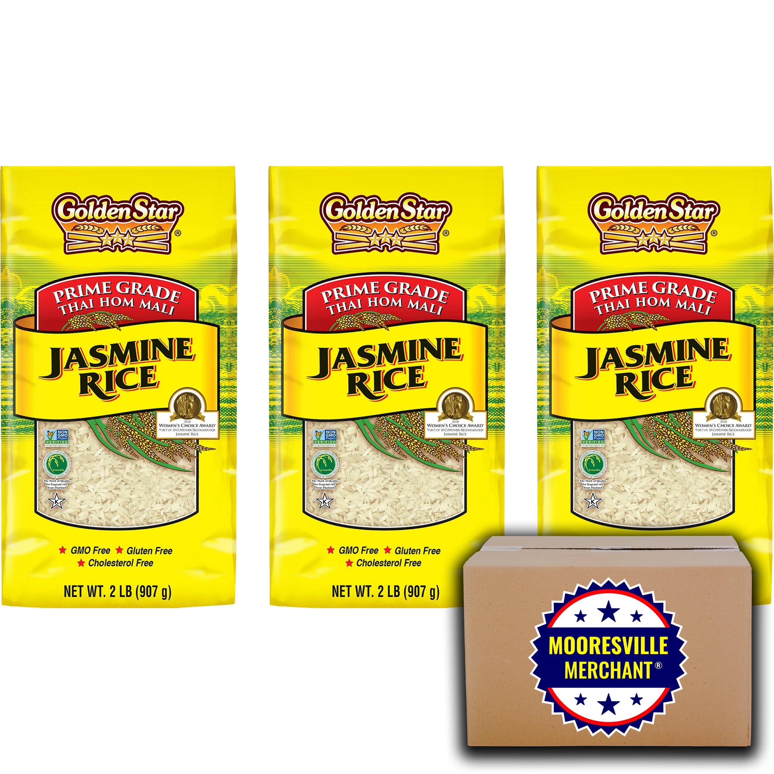 Premium Thai Hom Mali Jasmine Rice - Golden Star Prime Grade, 2 lb (3-Pack) | Authentic Fragrant Long Grain Rice for Cooking, Meal Prep & Asian Cuisine | Perfect for Rice Cookers, Stir Fry & Sushi