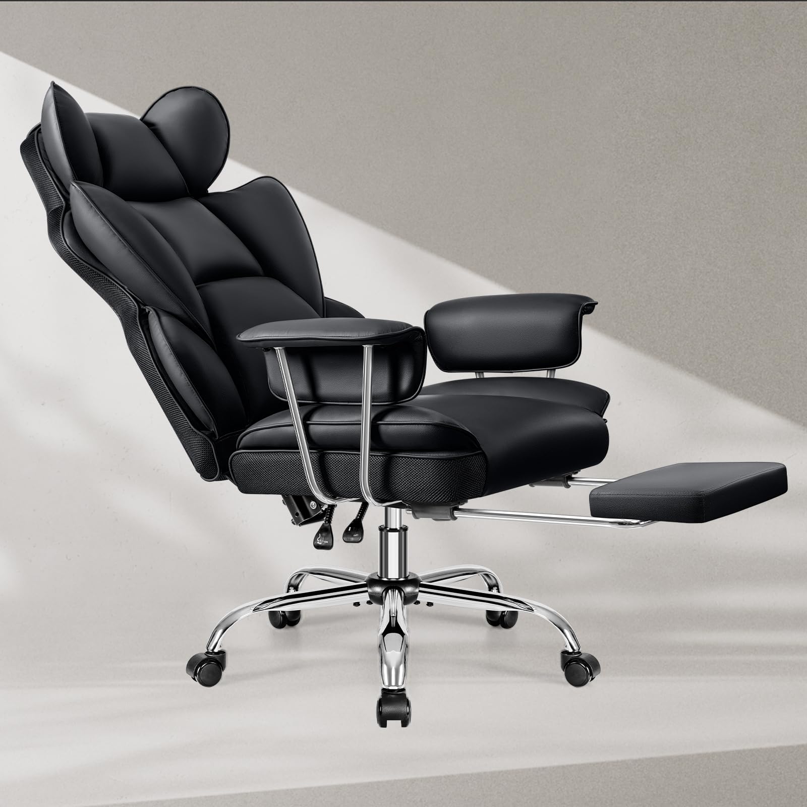 Big and Tall Executive Office Chair with Footrest - Ergonomic Leather Computer Chair, High Back Reclining with Lumbar Support - Large Home Office Desk Chair for Comfortable Working (Black) - Perfect for Home Office, Gaming, and Long Work Sessions