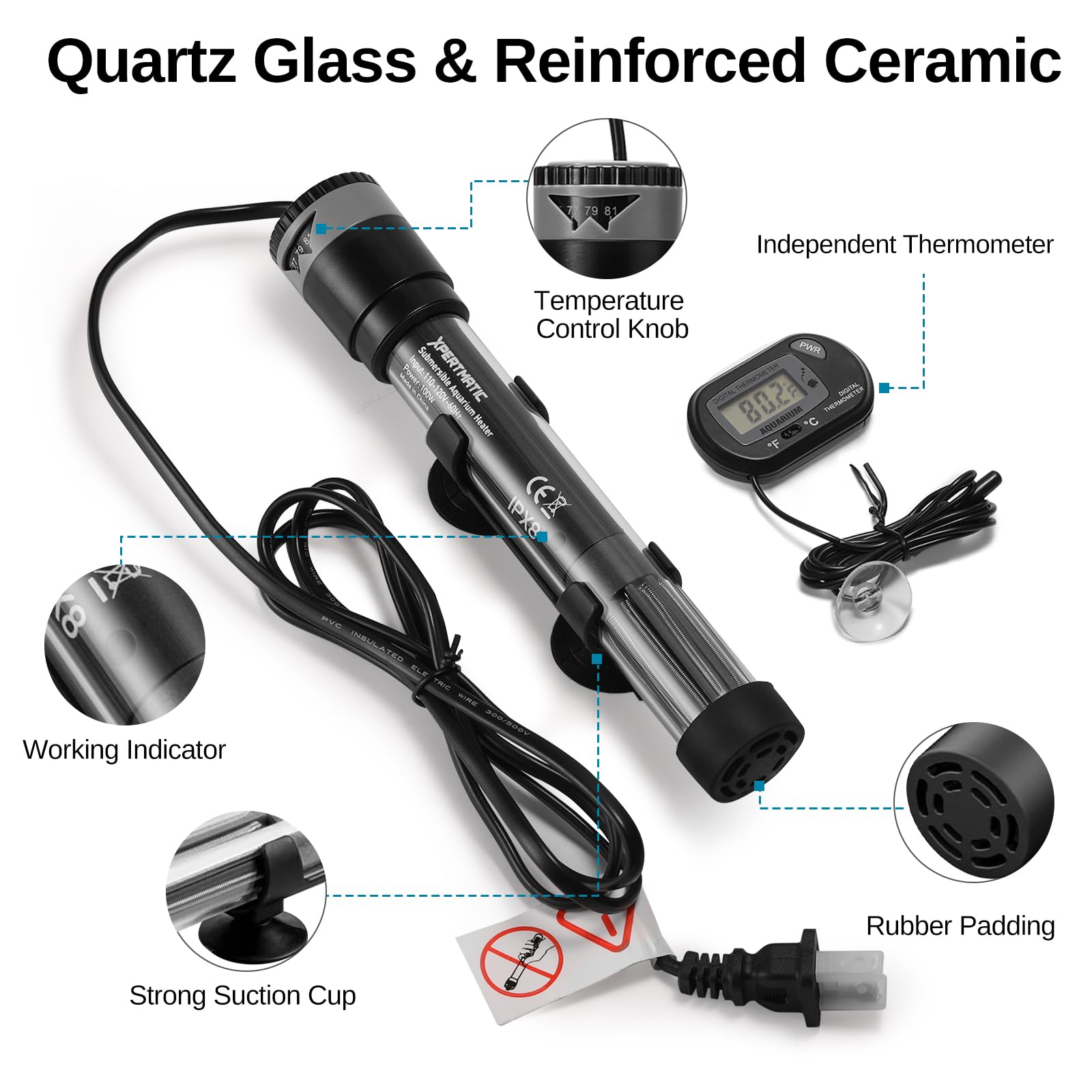 SainSmart XpertMatic 100W Submersible Aquarium Heater with Adjustable Thermostat & Suction Cups - for Marine Saltwater & Freshwater Fish Tanks up to 20 Gallons - Perfect for Tropical Fish, Betta Tanks & Aquatic Pets