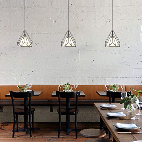 3-Light Wrought Iron Pendant Light Fixture with Wire Cage Lampshade - E27 Base Diamond Style Suspension Lamp - Nordic Minimalist Hanging Light for Dining Room, Kitchen Island, Balcony, Bar, Cafe & Bedroom (Black)