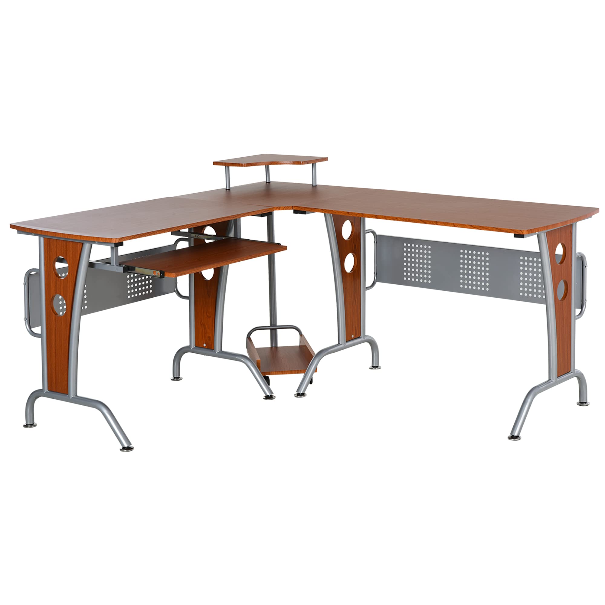 HOMCOM L-Shaped Corner Computer Desk with Elevated Shelf, Rolling Keyboard Tray & CPU Stand - Brown Office Workstation for Home & Small Business Workspace