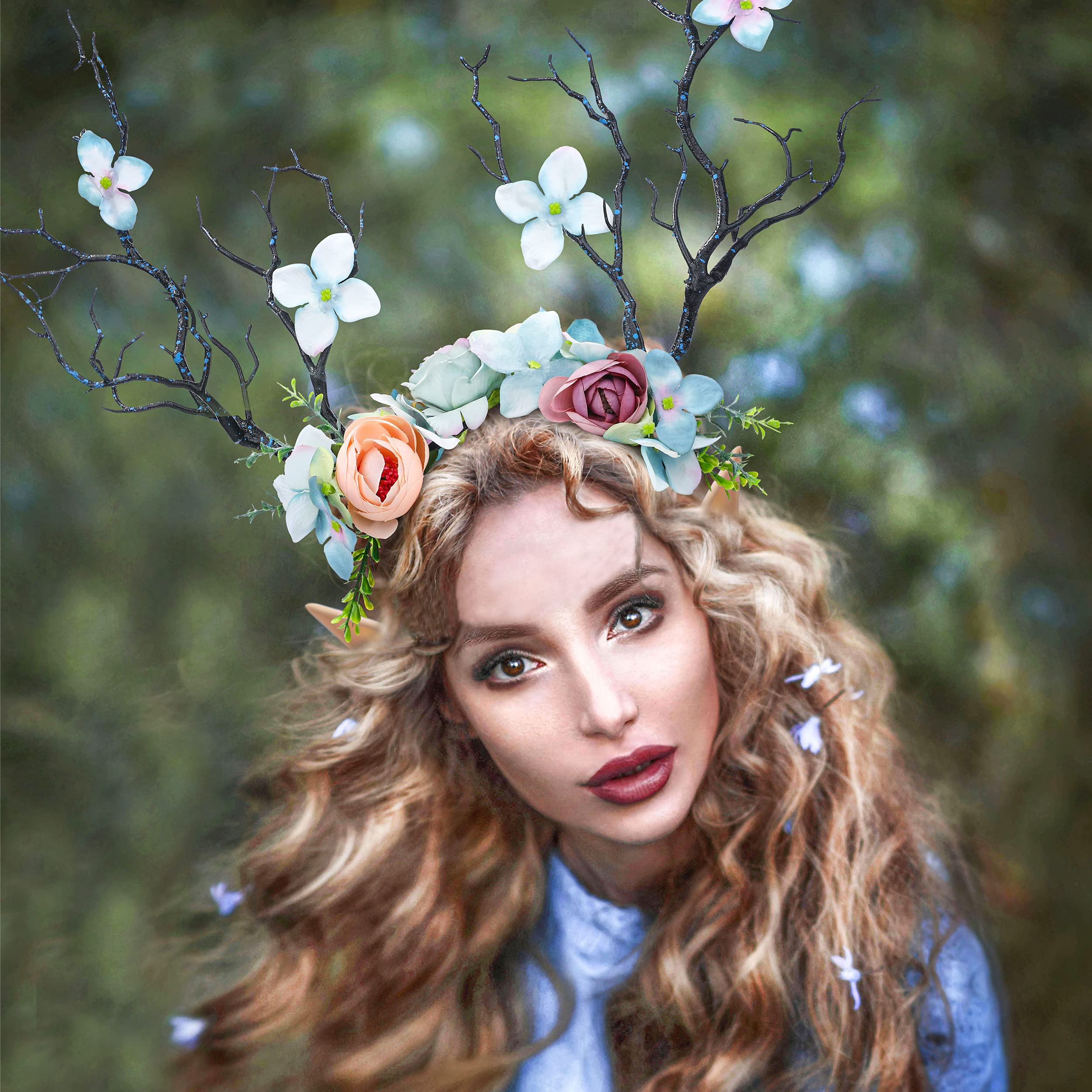 Woodland Antler Crown with Elf Ears & Flower Tiara - Renaissance Fairy Costume Headpiece for Halloween, Cosplay, LARP, Renfaire | Forest Elf Accessories for Fantasy Parties & Photoshoots